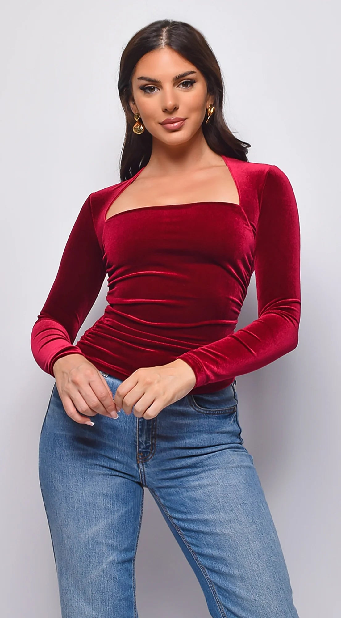 Adora Velvet Square Neck Long Sleeve Top Burgundy