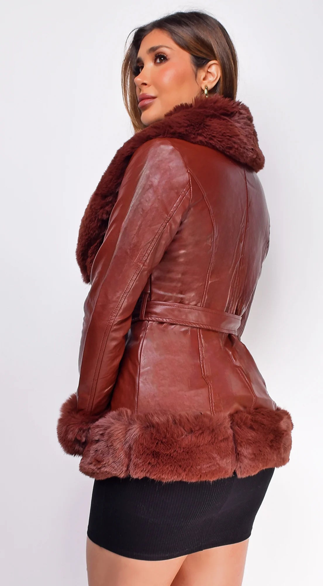 Ekaterina Brown PU Leather Belted Coat