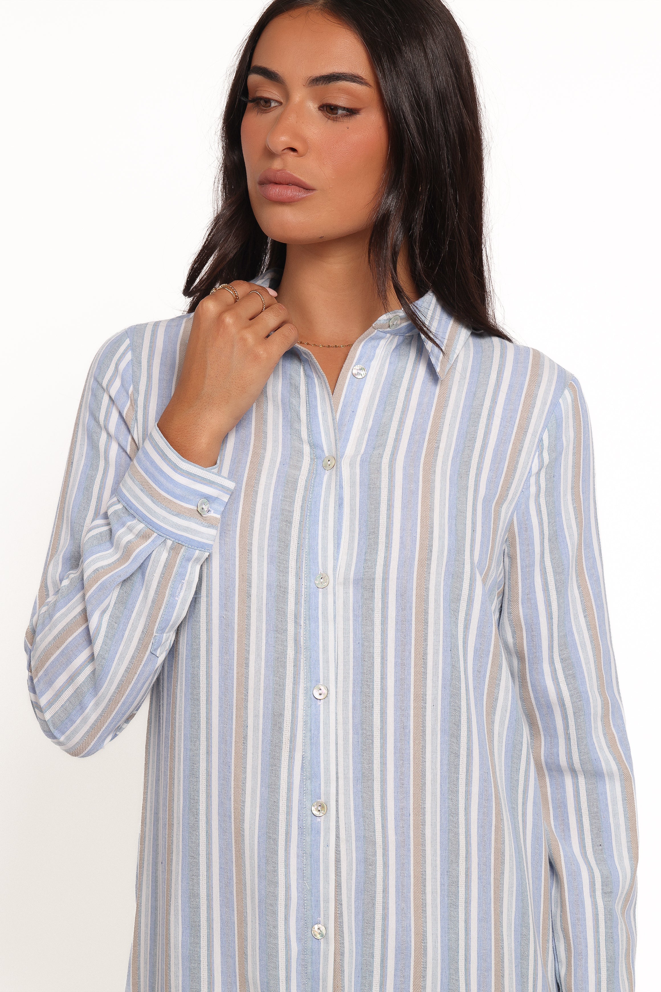 Caprice Long Sleeve Button Down Maxi Dress Blue Stripe