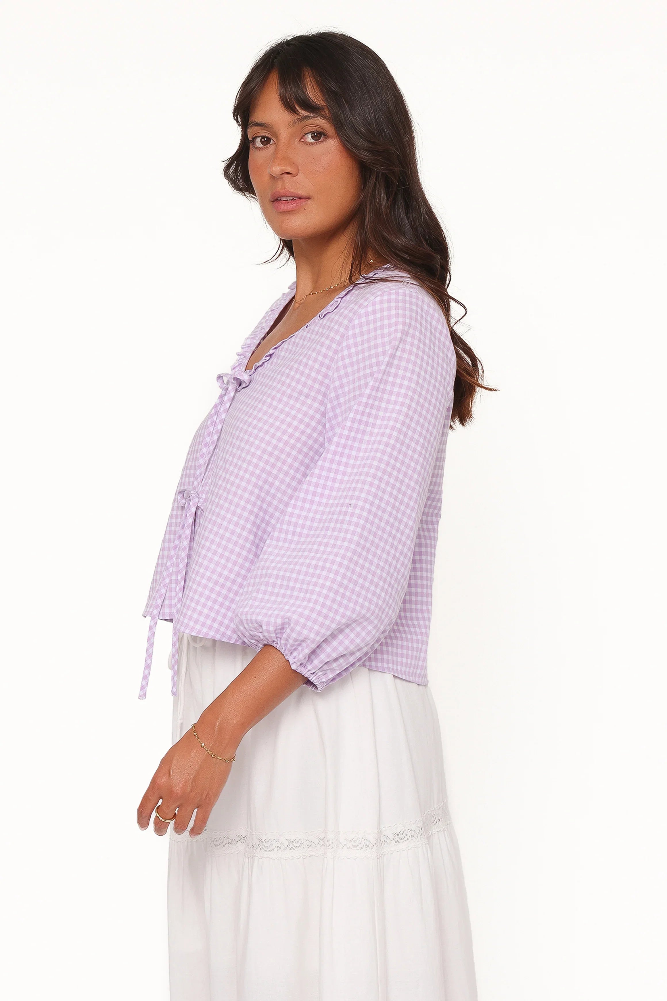 Fainche Front Tie Top Lilac Gingham