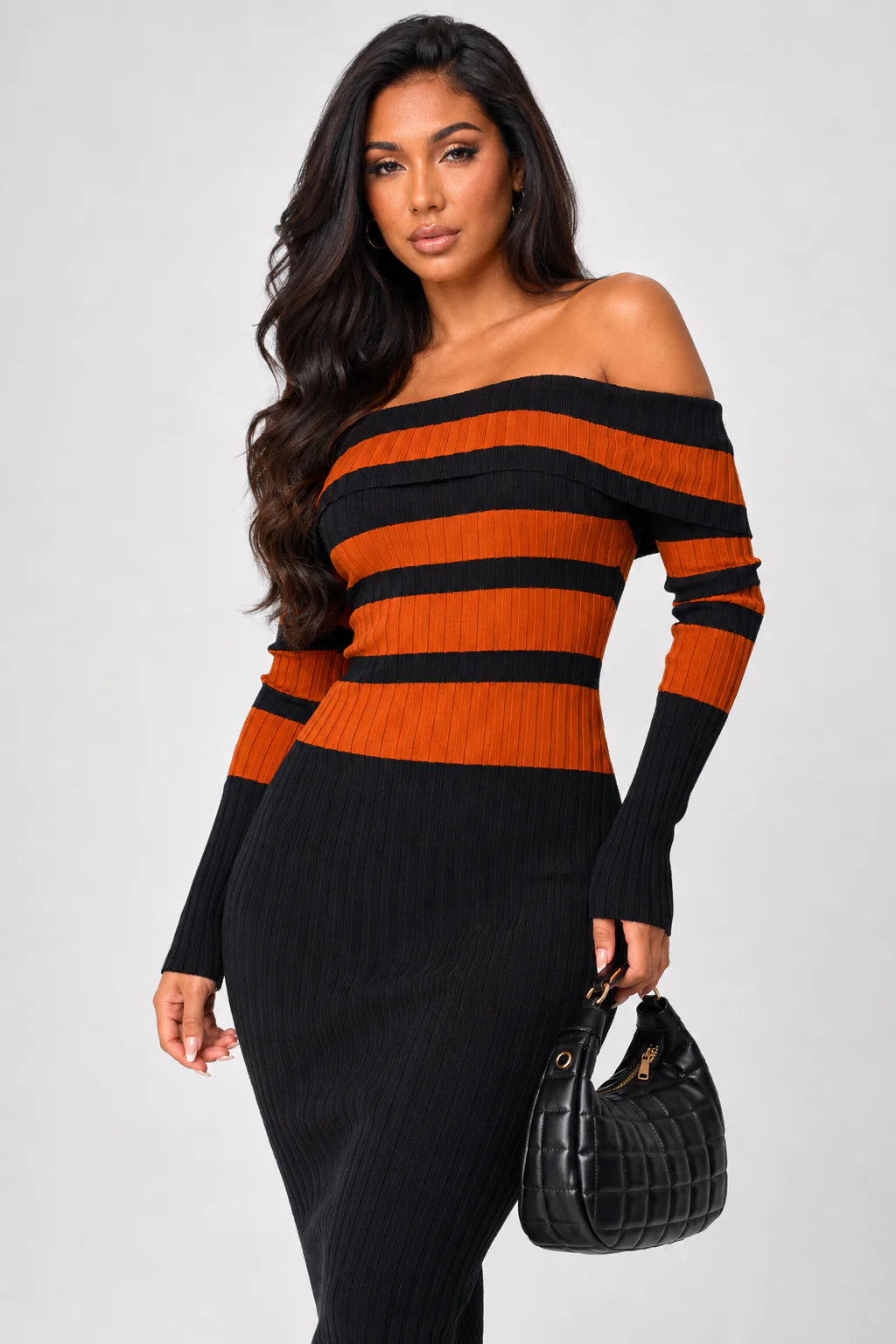 Robyn Stripe Ribbed Off Shoulder Midi Dress Black