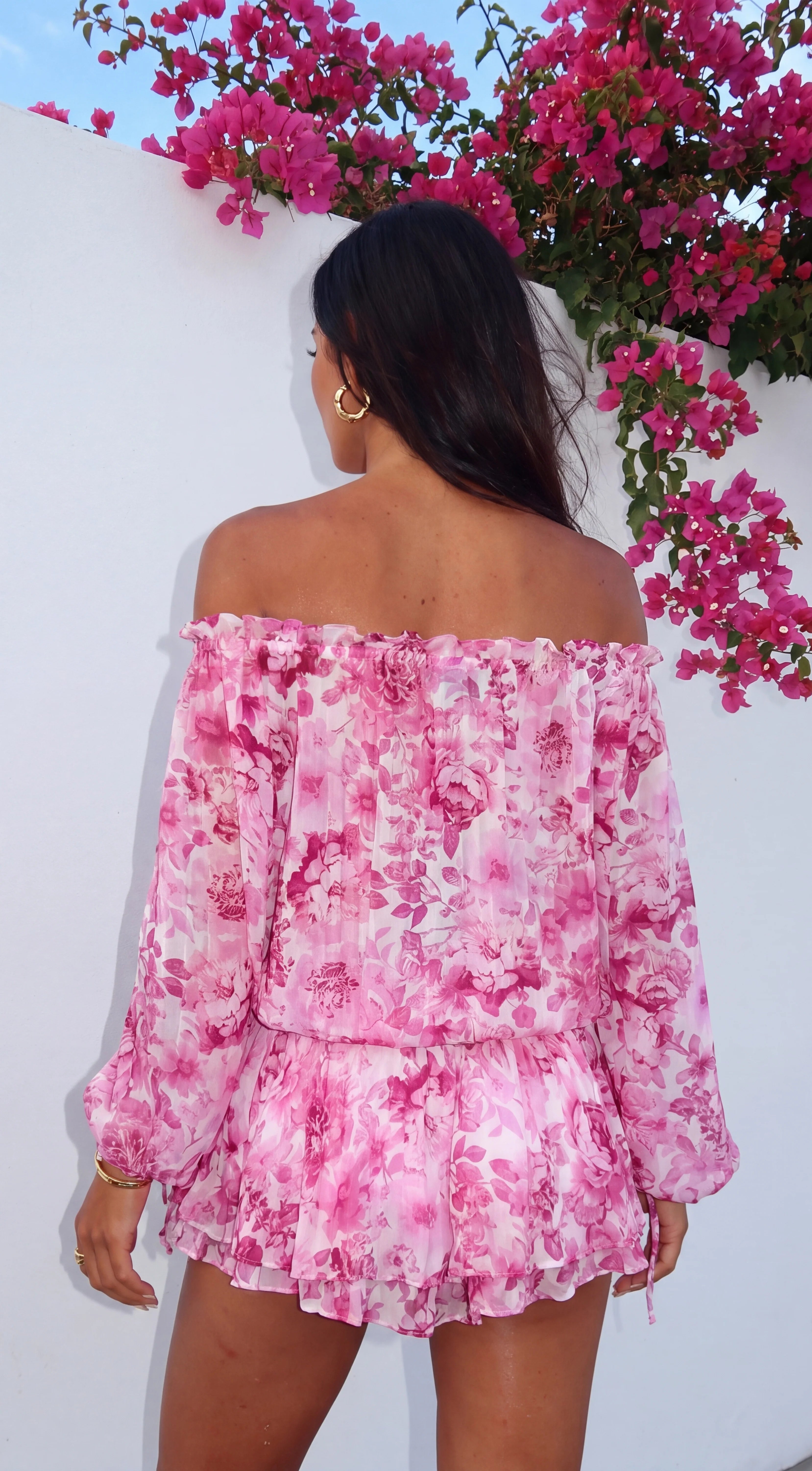 Romanella Peony Floral Off Shoulder Mini Dress Pink