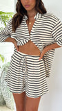 Lacole Button Up Shirt and Shorts Set Beige Black Stripe