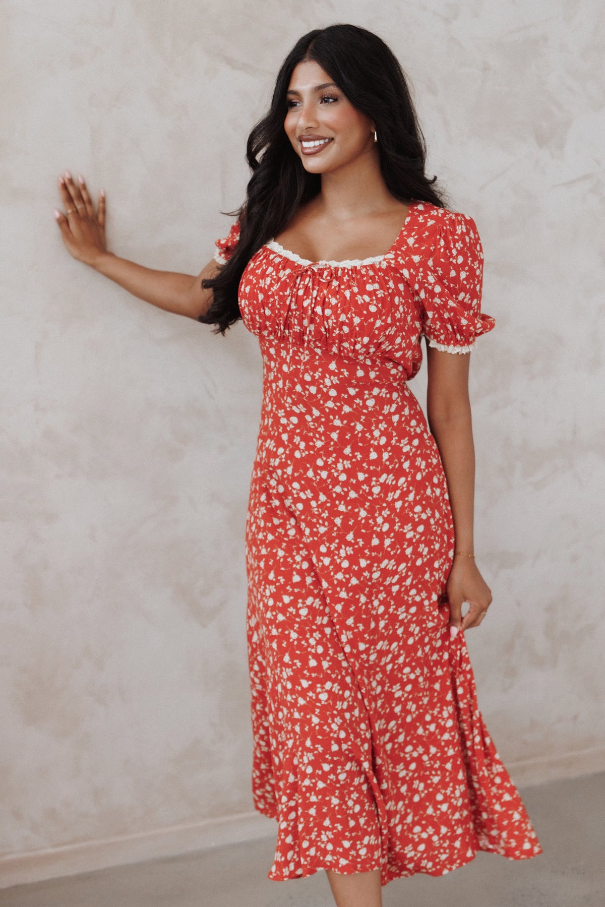 Francine Lace Midi Dress Red Floral