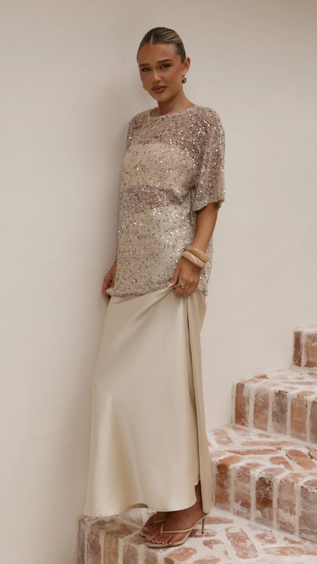 Zinnia Oversized Sequins Tee Beige
