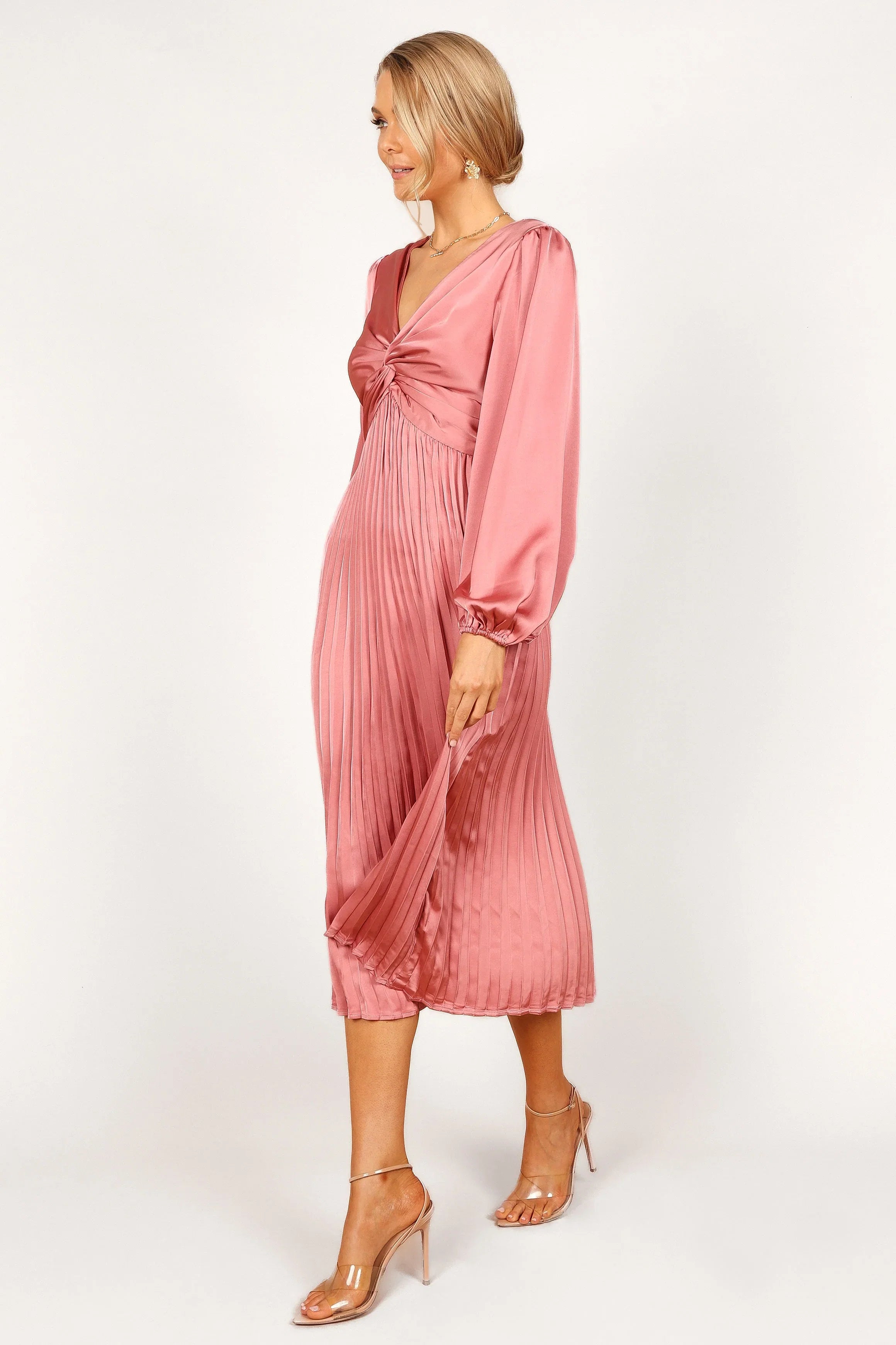 Noelle Twist Front Pleated Midi Dress Blush