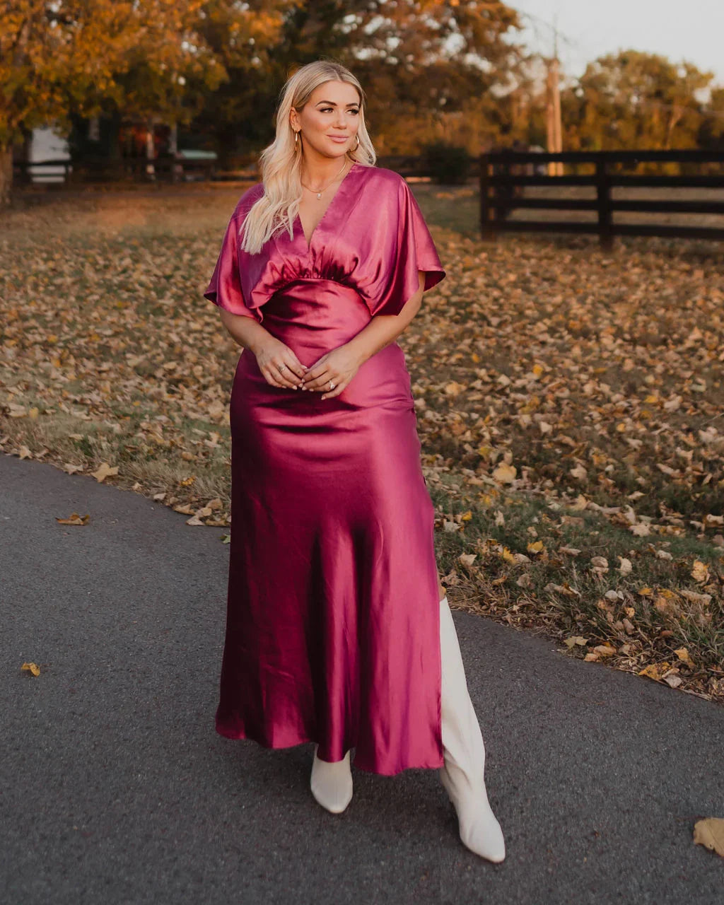Theia Satin V Neck Maxi Dress