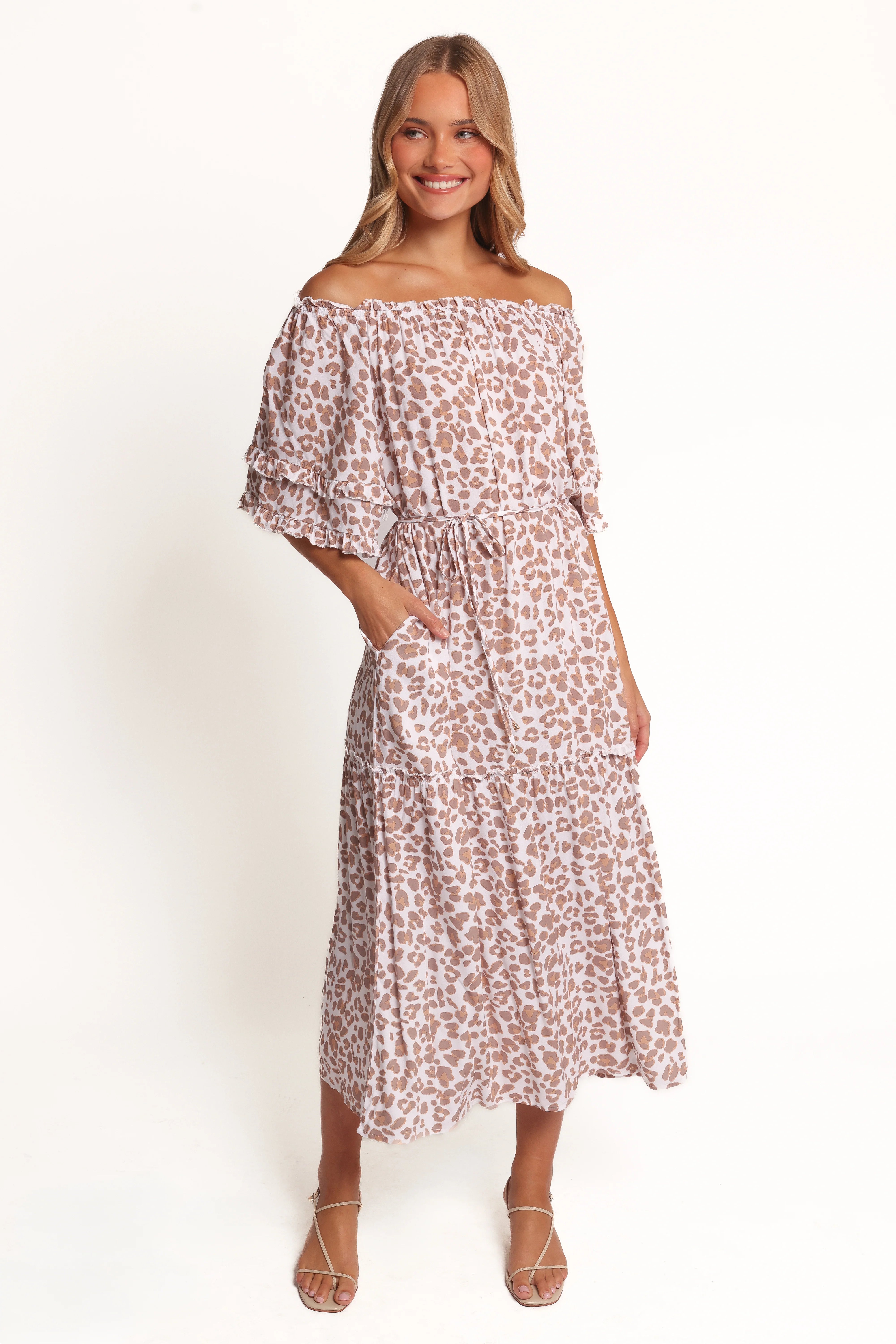 Rhody Off Shoulder Maxi Dress White Leopard