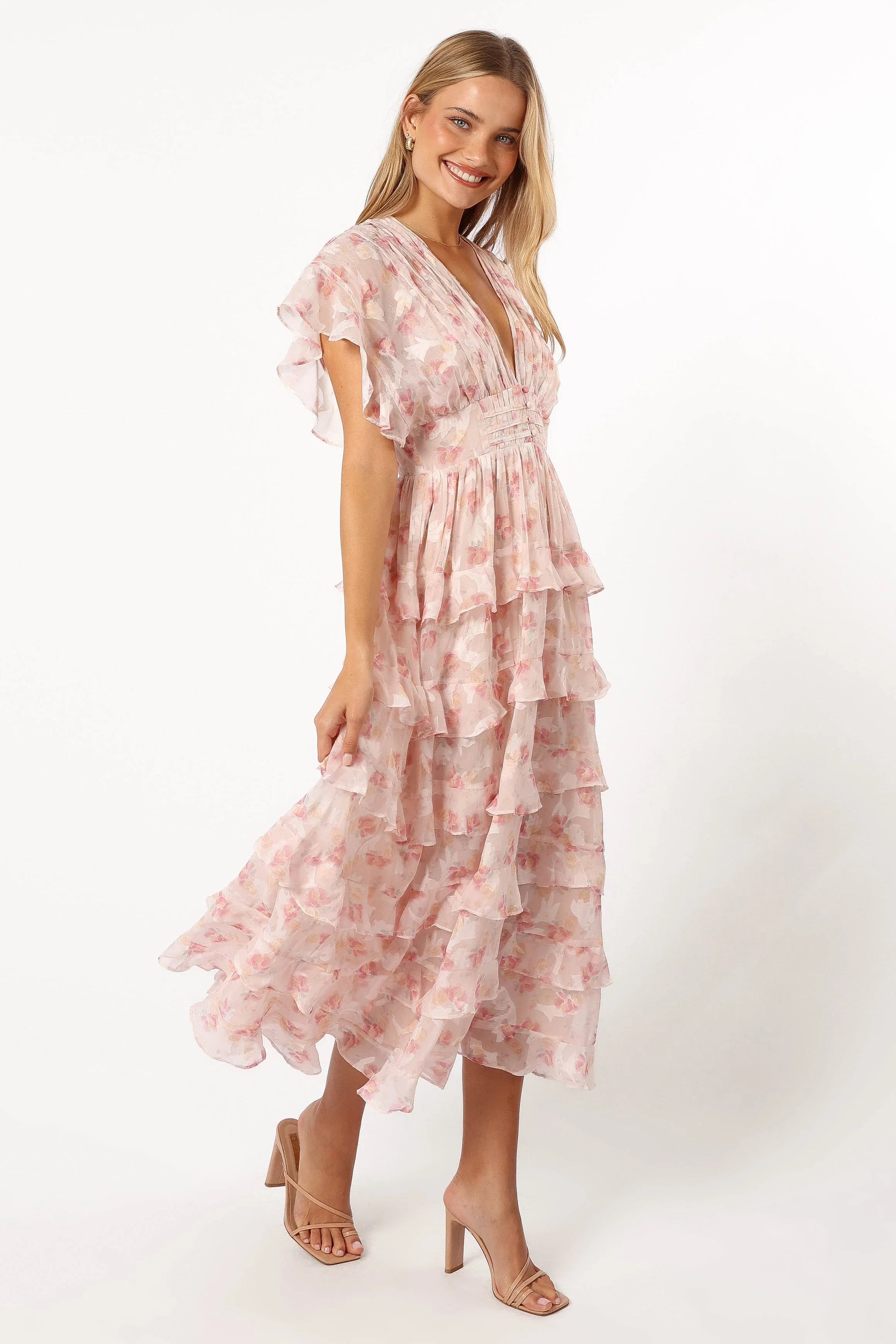Daphne Ruffle Midi Dress Pink Orange
