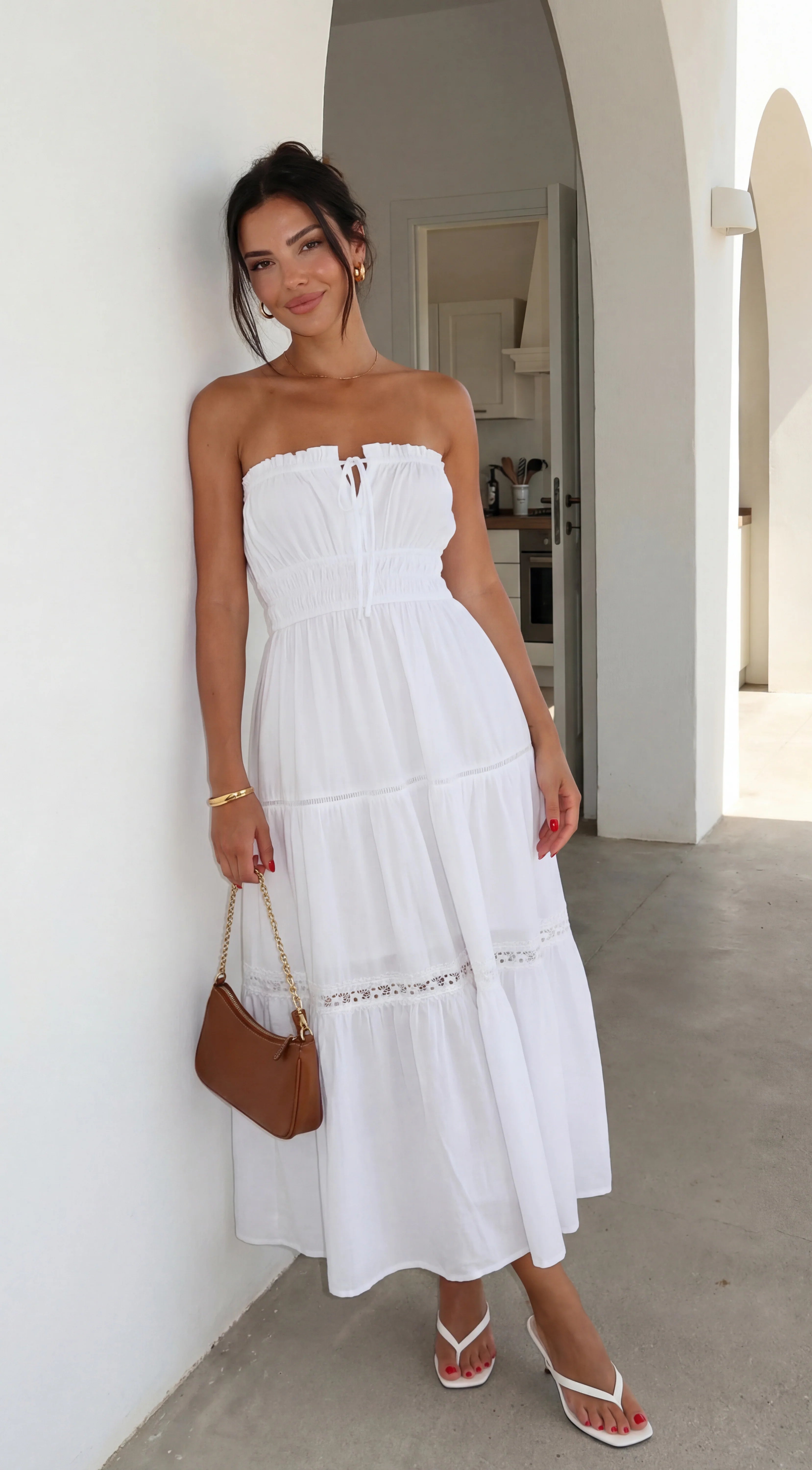 Sunbeam Tiered Lace Strapless Maxi Dress White