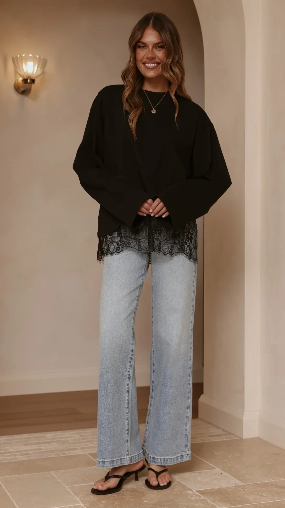Javi Long Sleeve Lace Top Black