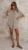 Tali Button Up Shirt and Shorts Set Beige Green Stripe