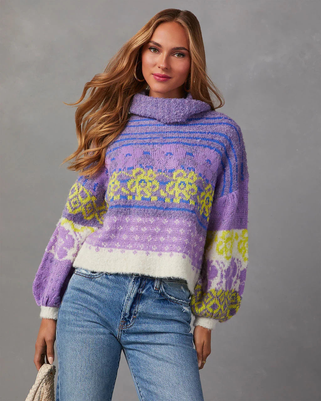 Monet Knit Printed Turtleneck Pullover Sweater