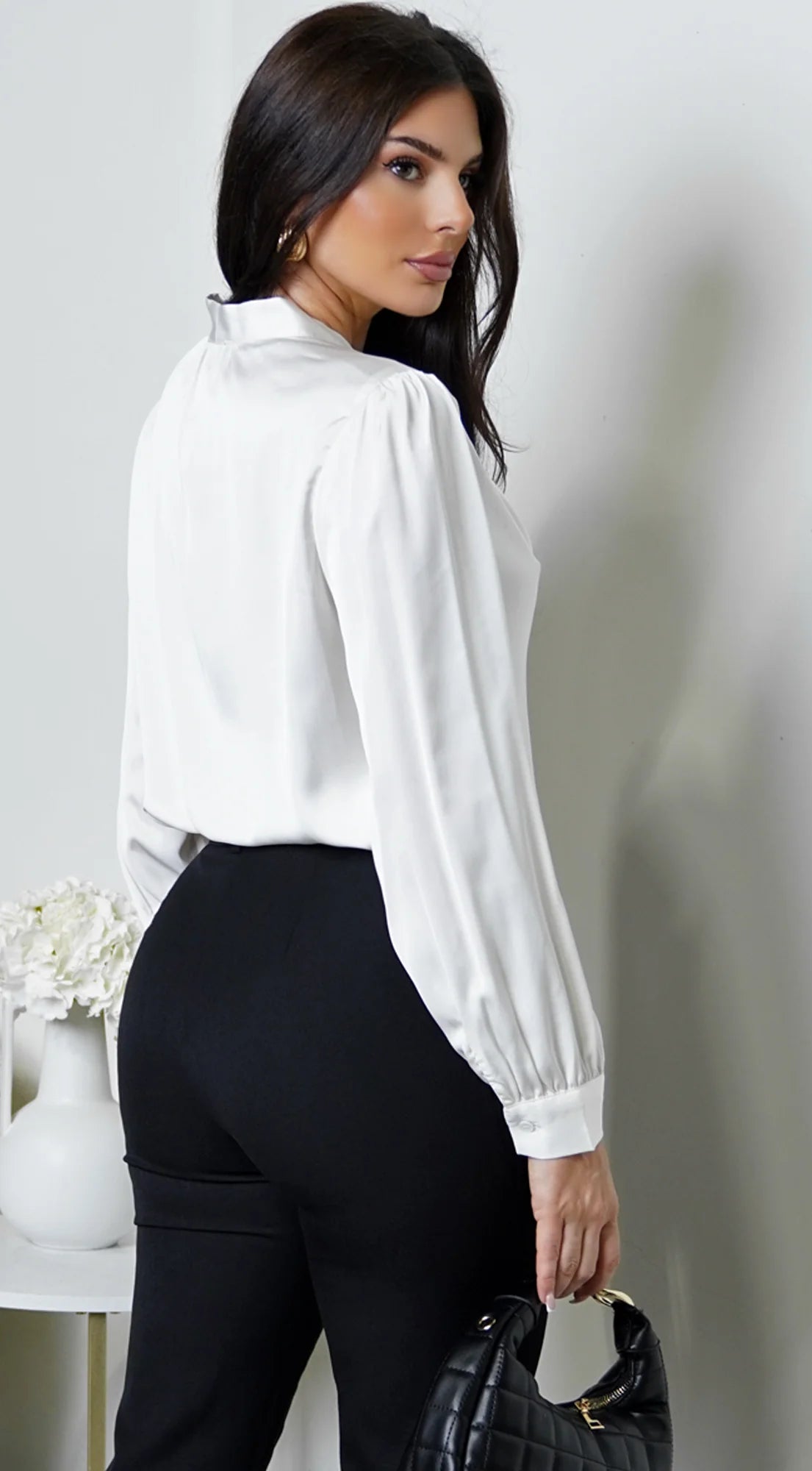Mariah Neck Tie Satin Button Down Shirring Blouse Off White