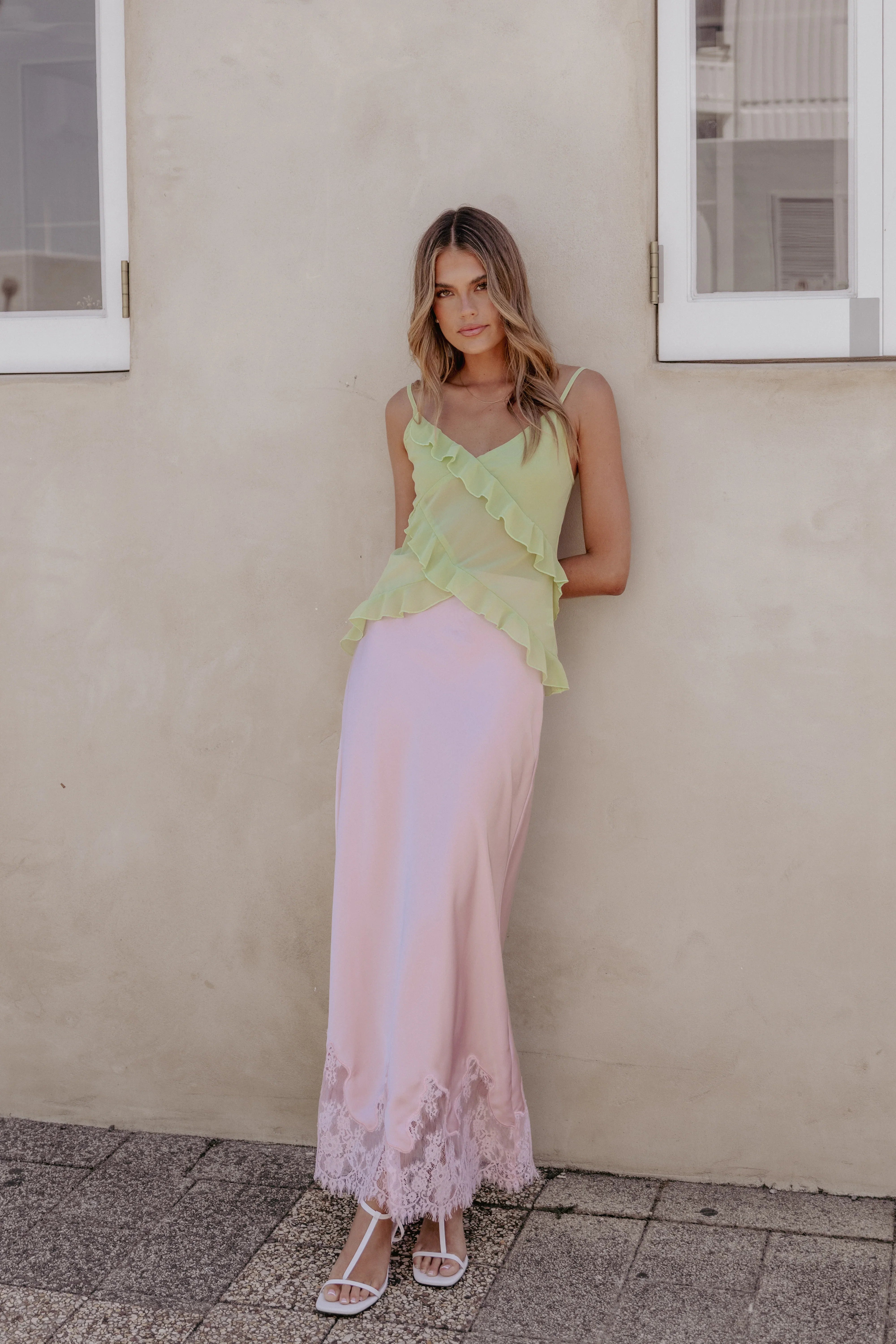 Alira Lace Trim Midi Skirt Pale Pink