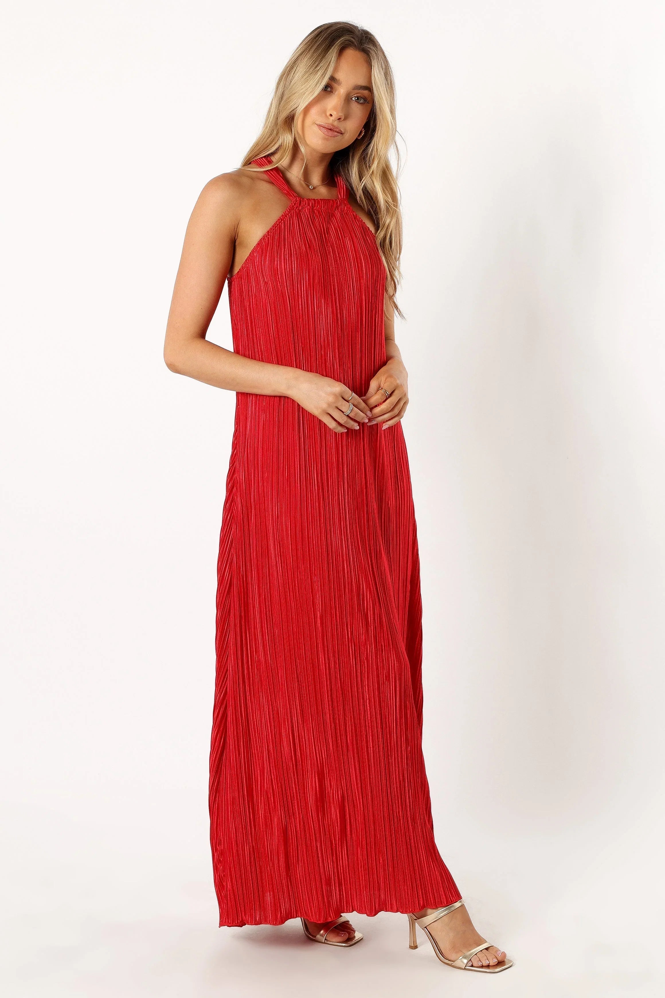 Melody Plisse Halter Maxi Dress Red