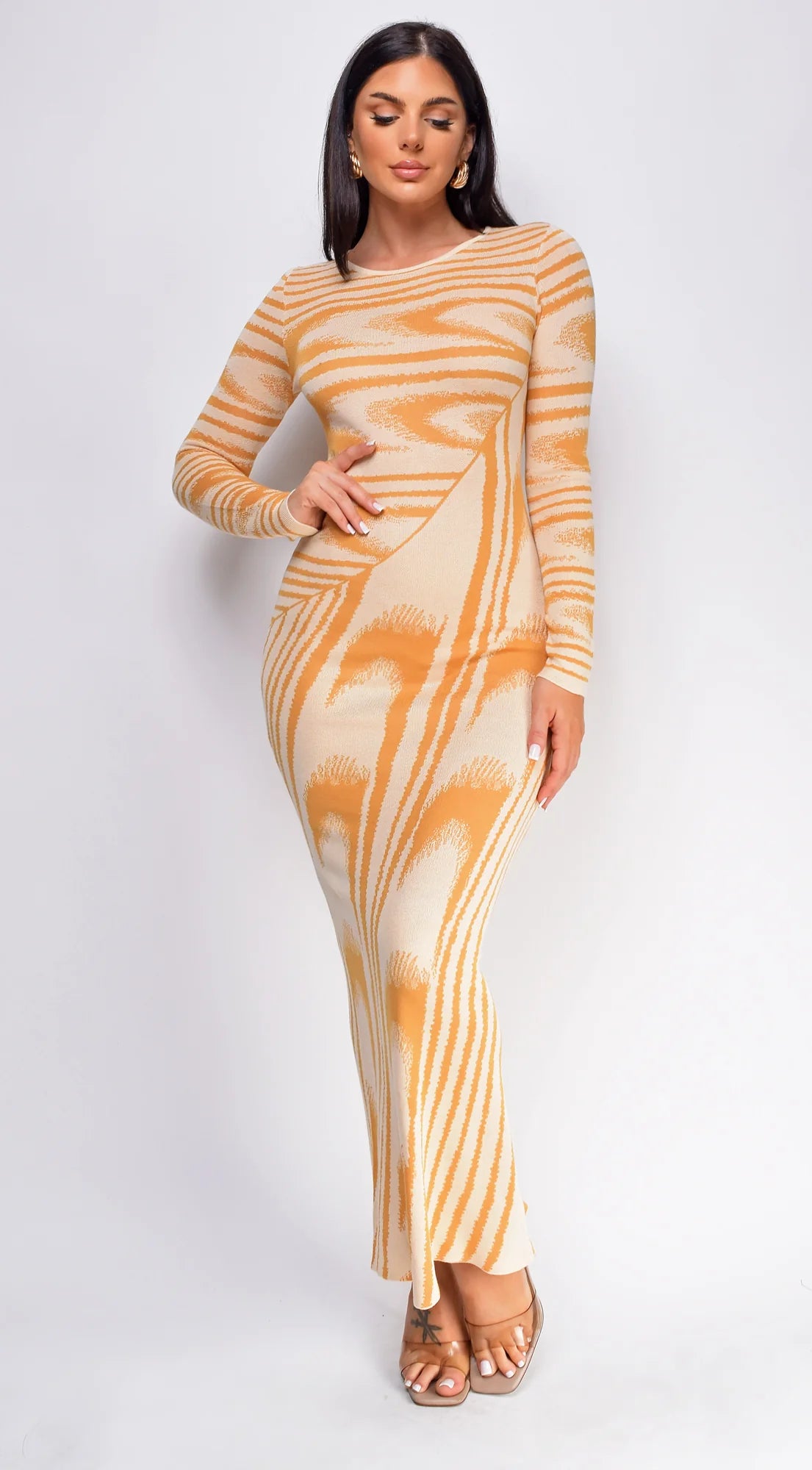 Tova Beige Abstract Print Long Sleeve Maxi Dress