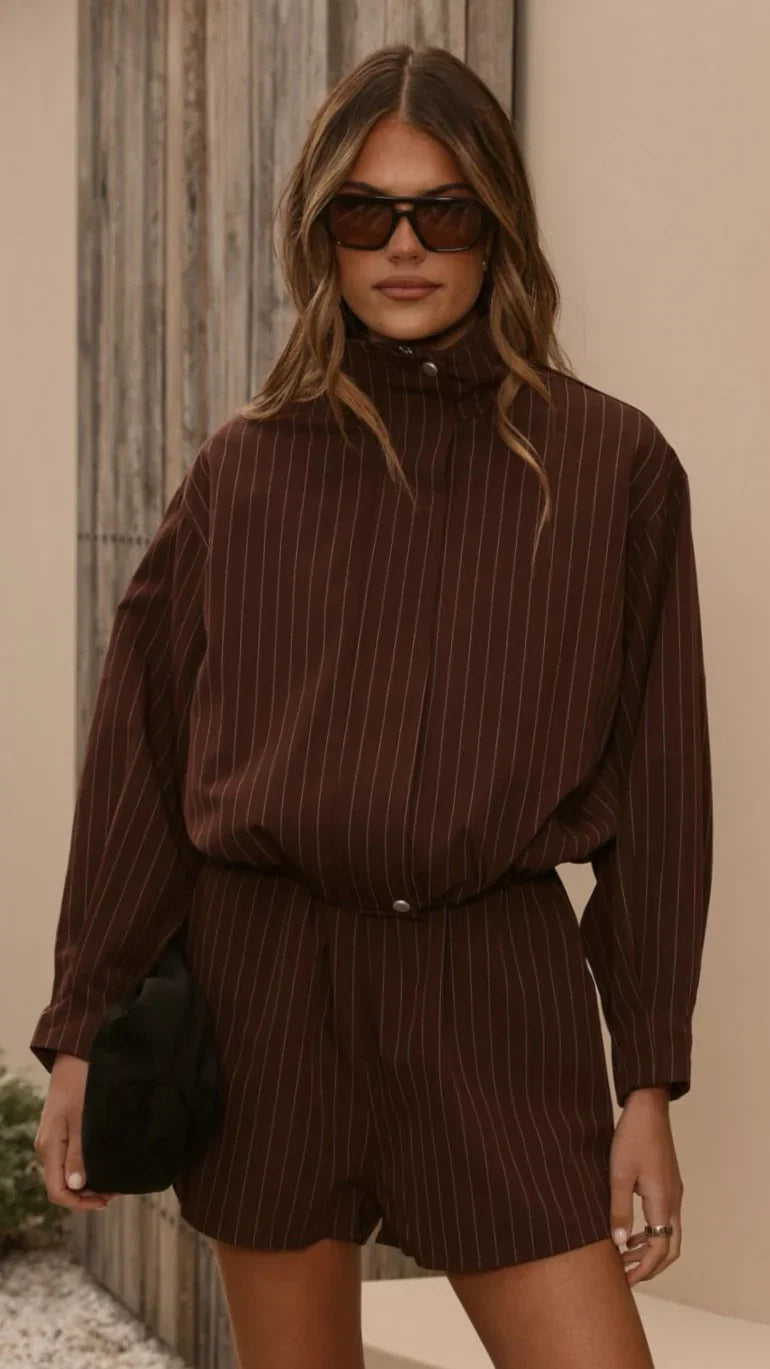 Ivana Funnel Neck Jacket Shorts Set Brown Pinstripe