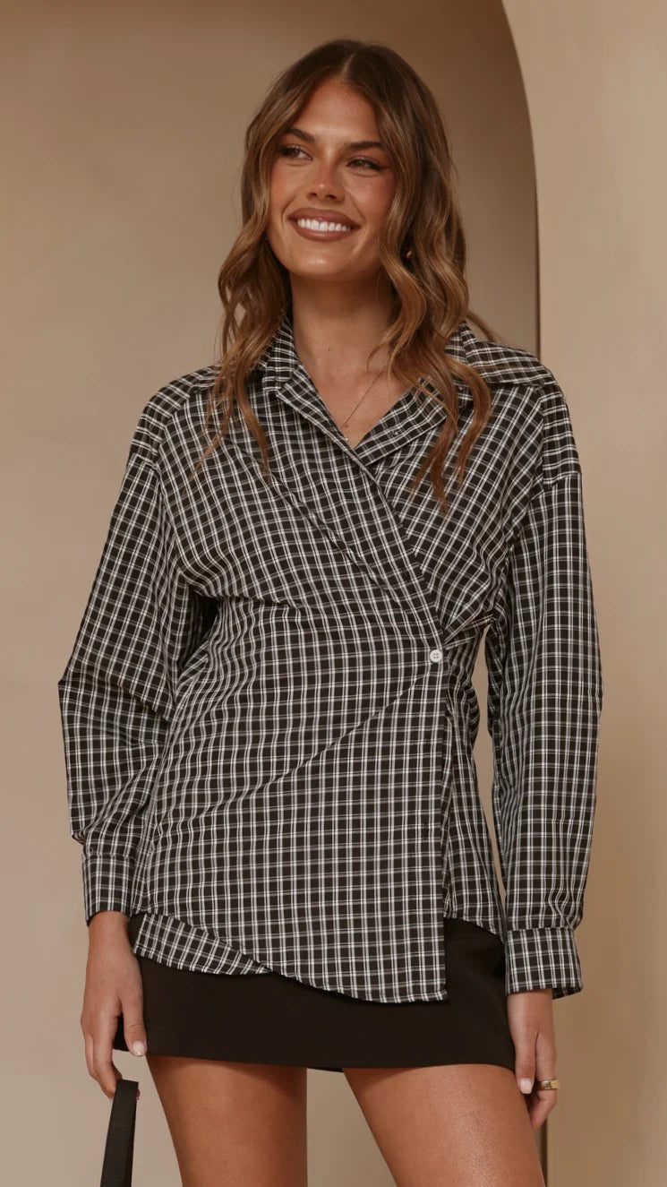 Valia Asymmetrical Button Up Shirt Black White Plaid