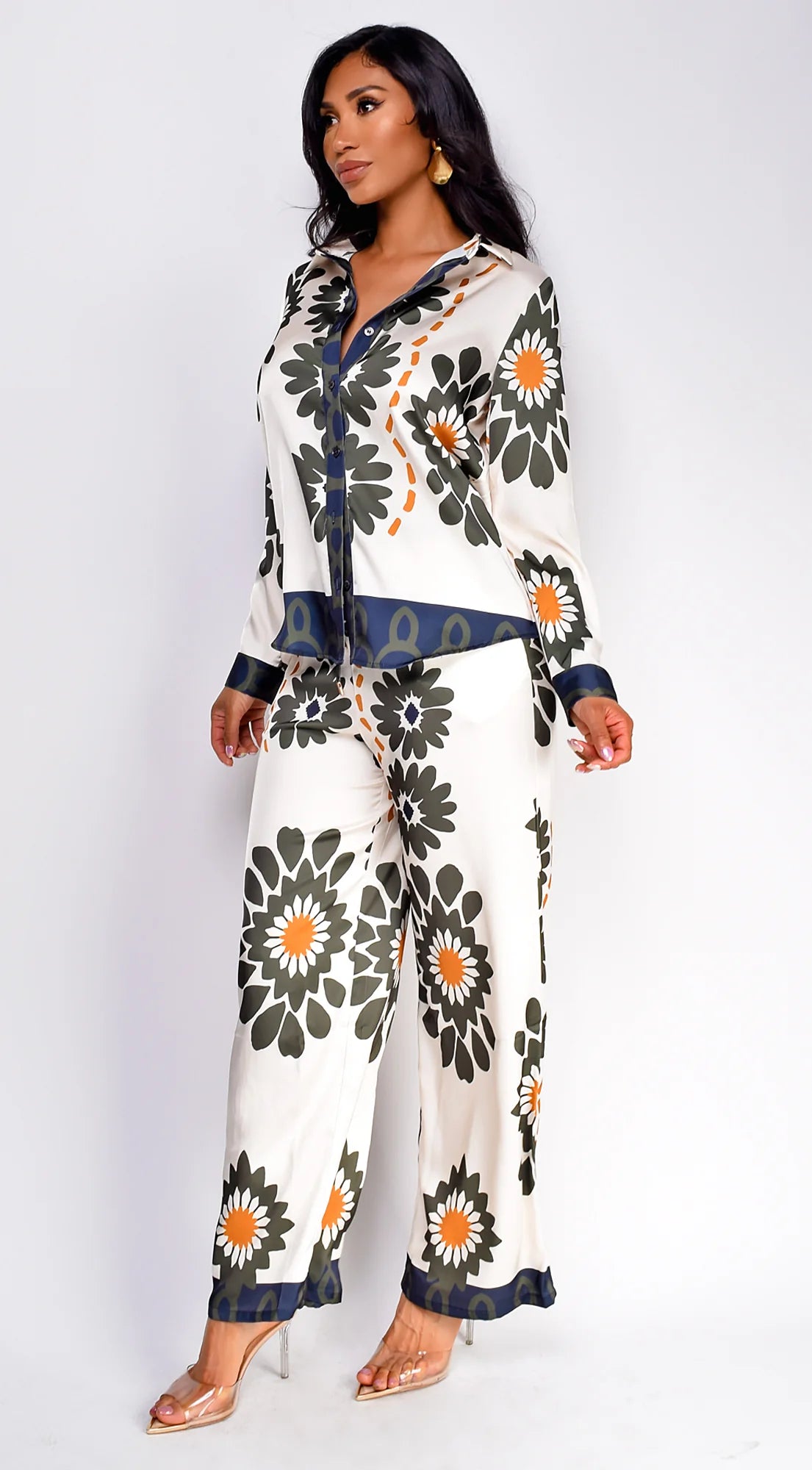 Vivaan Floral Print Satin Set Cream