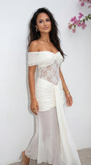 Elarisse Lace Mesh Maxi Dress Cream White