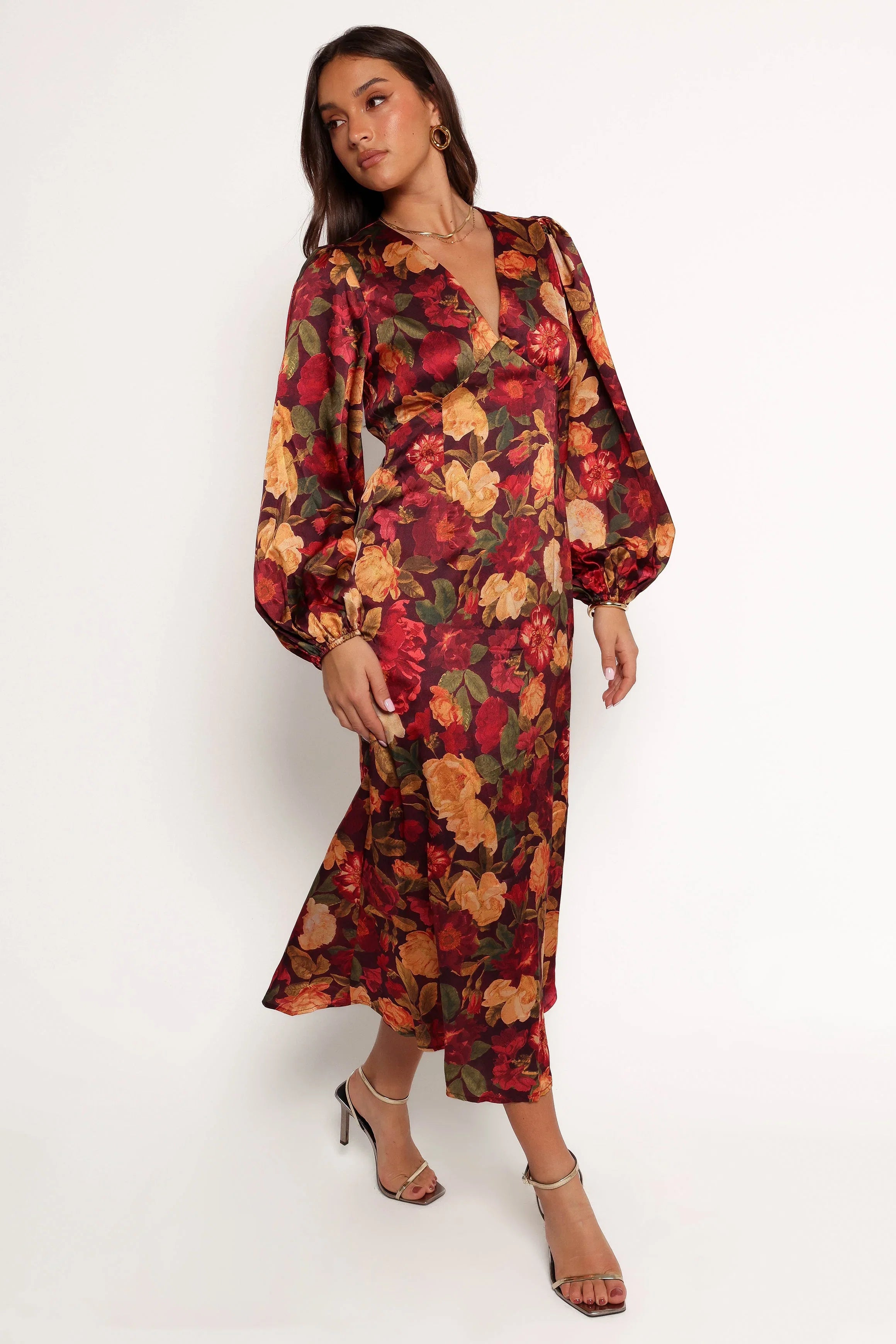 Zimmer Long Sleeve Maxi Dress Sangria Bloom