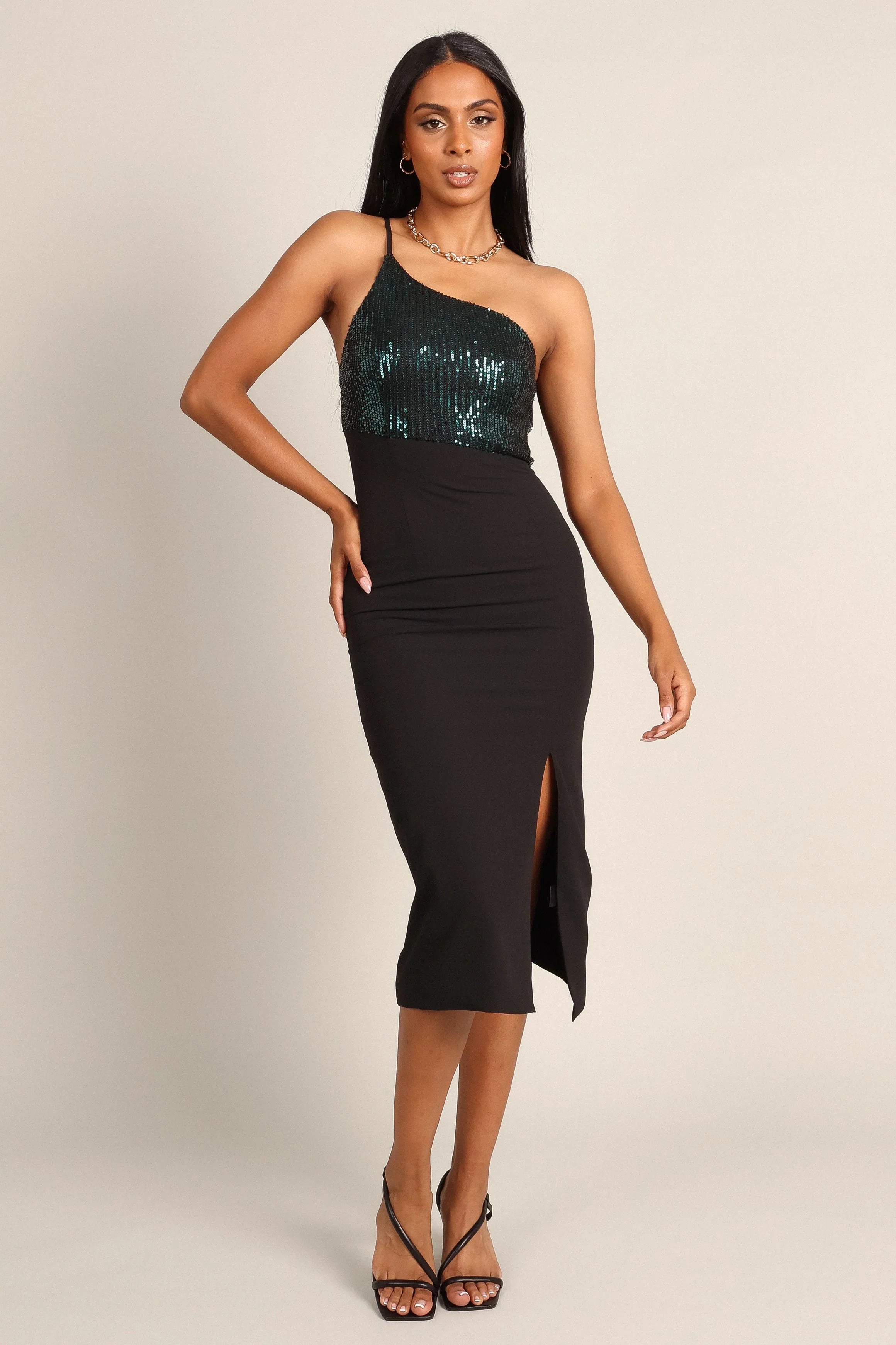 Xayne One Shoulder Sequin Midi Dress Black Emerald