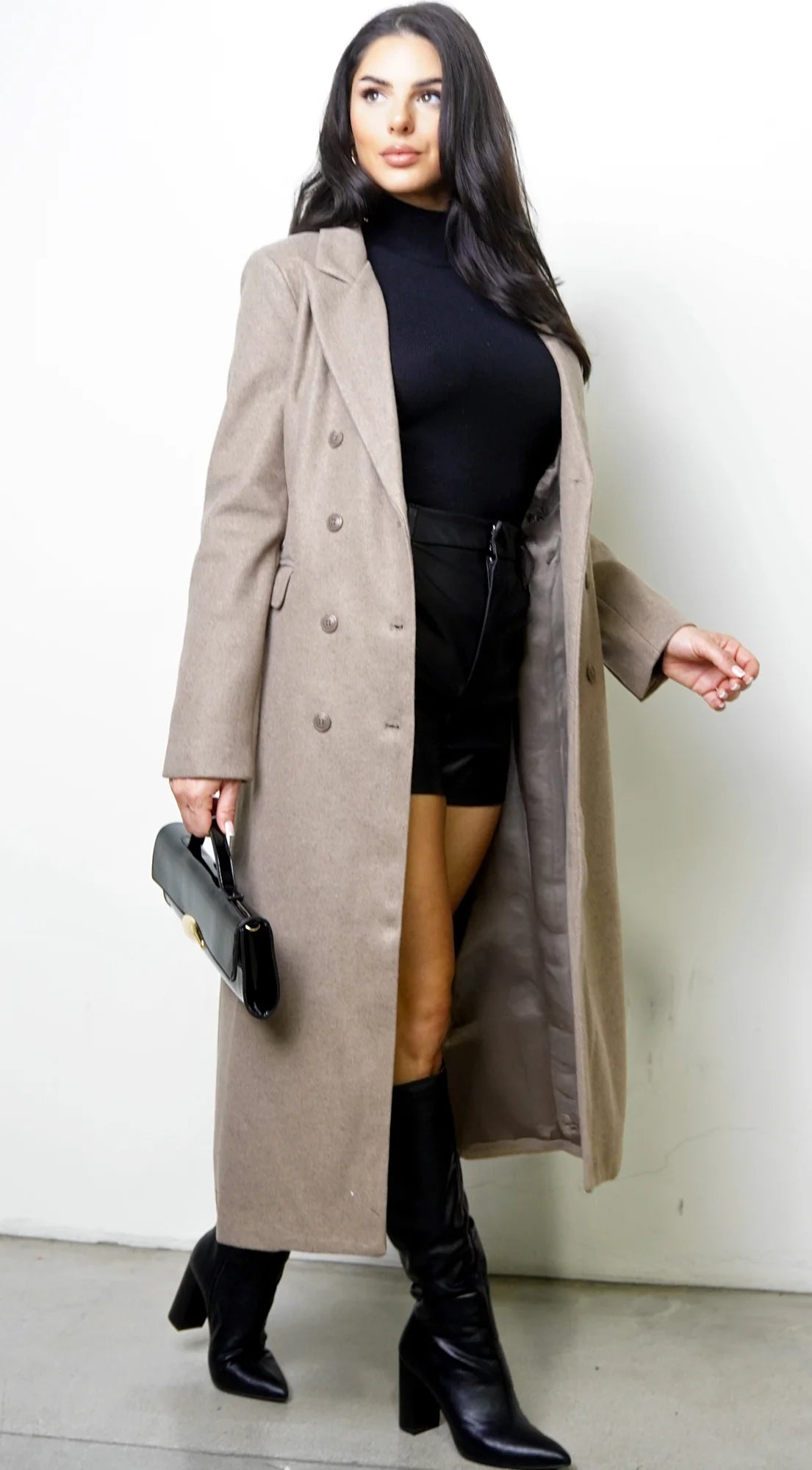 Rita Double Breasted Longline Notch Collar Coat Mocha