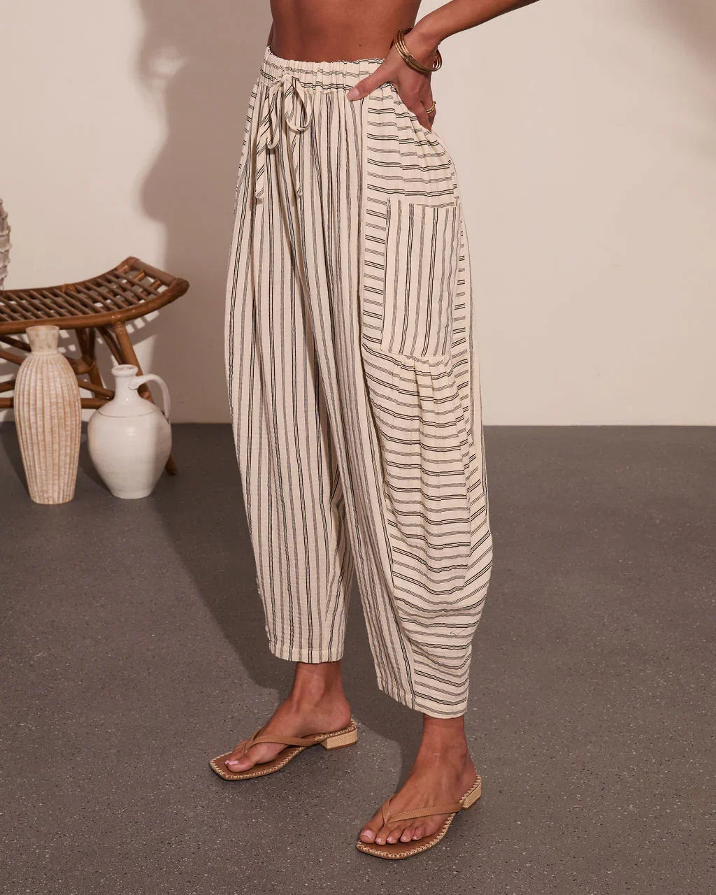 Yacht Day Striped Drawstring Cotton Wide Leg Pants