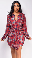 Saylor Red Button Up Plaid Shirt Dress