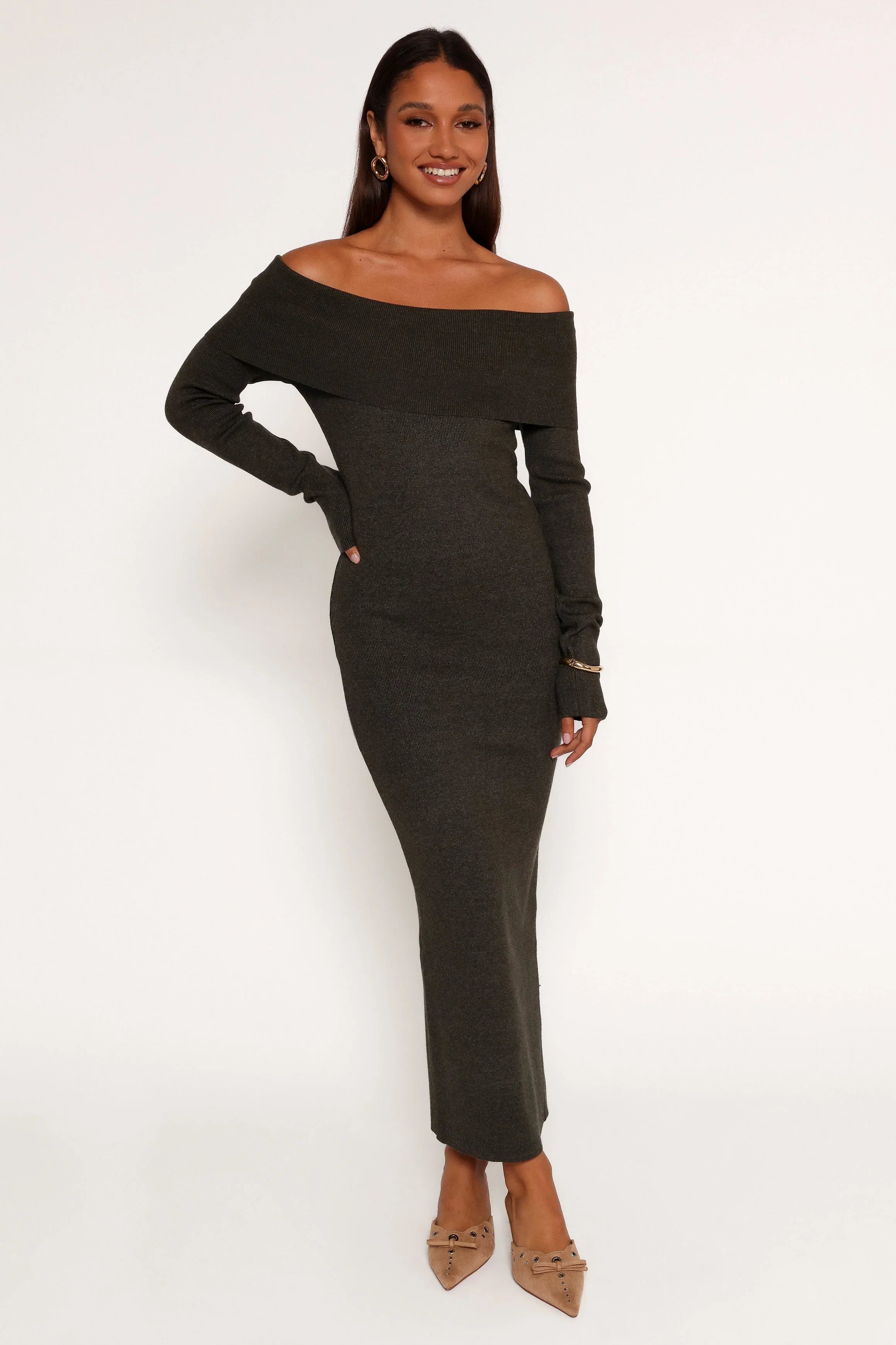 Archie Off The Shoulder Midi Dress Olive