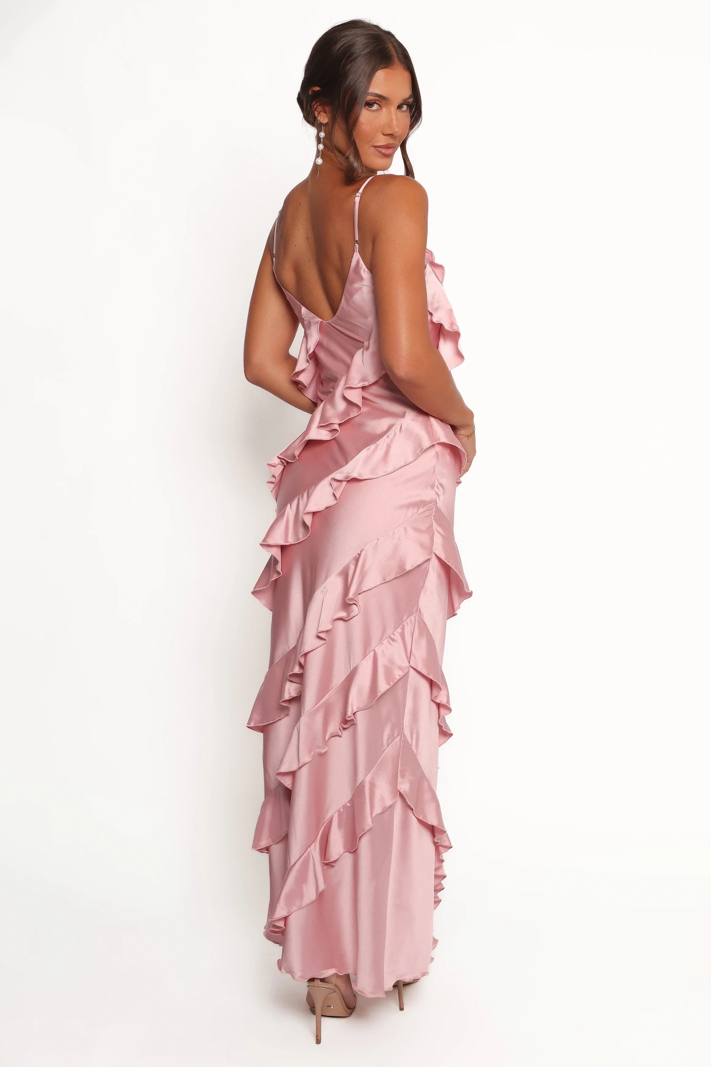 Ciao Ruffles Maxi Satin Dress Pink