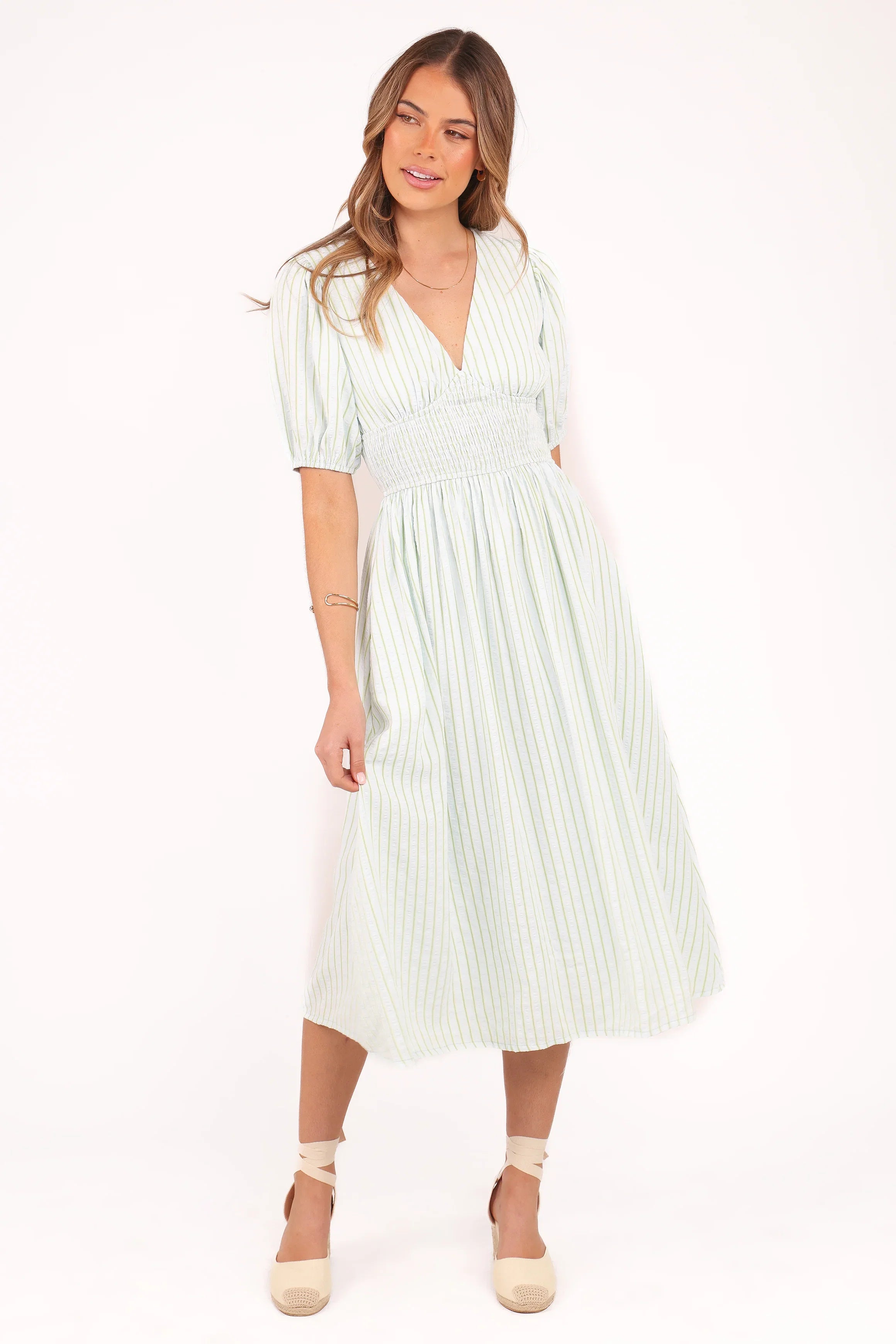 Ronnie Short Sleeve Midi Dress Green Blue Stripe