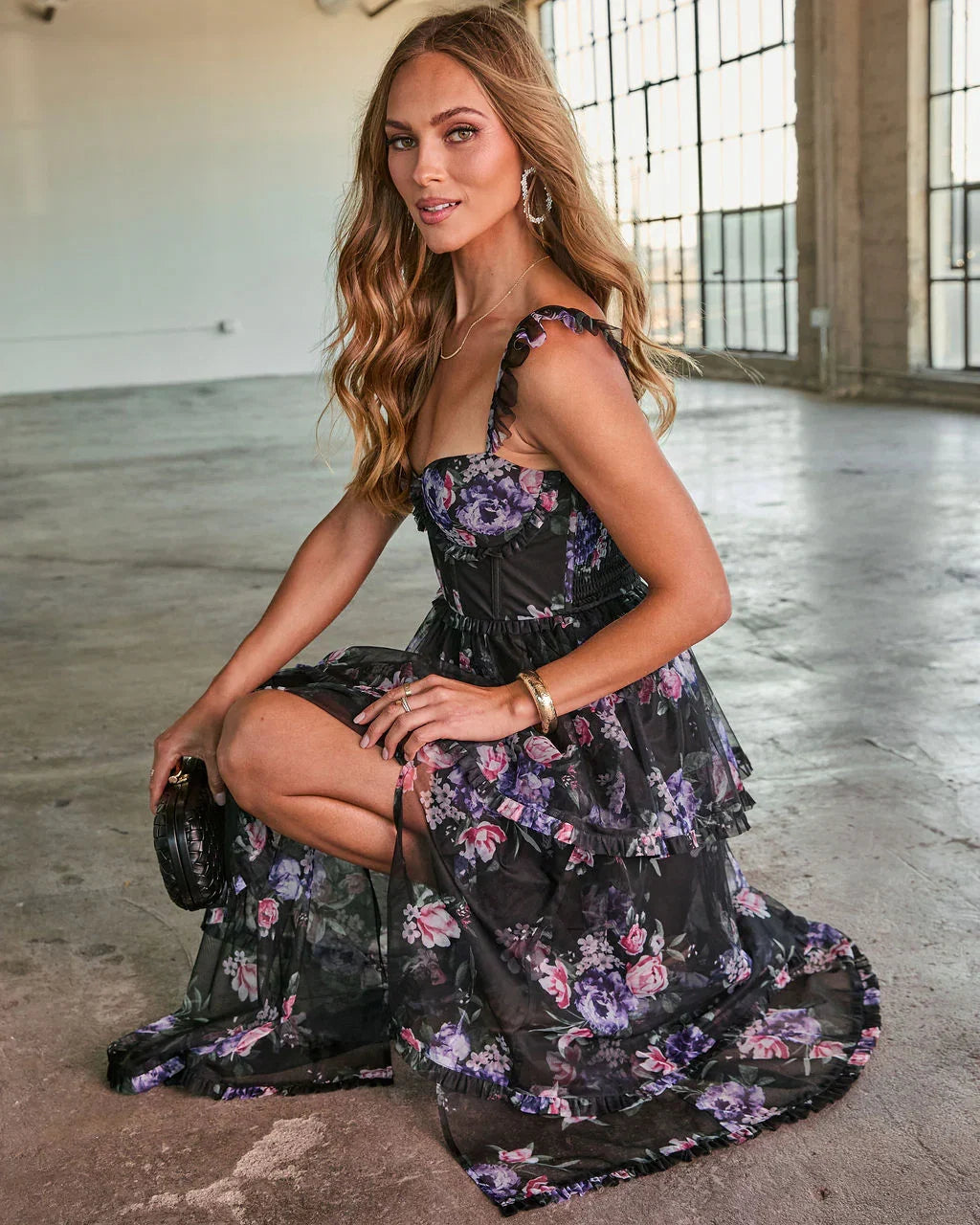 Reina Tiered Mesh Floral Maxi Dress