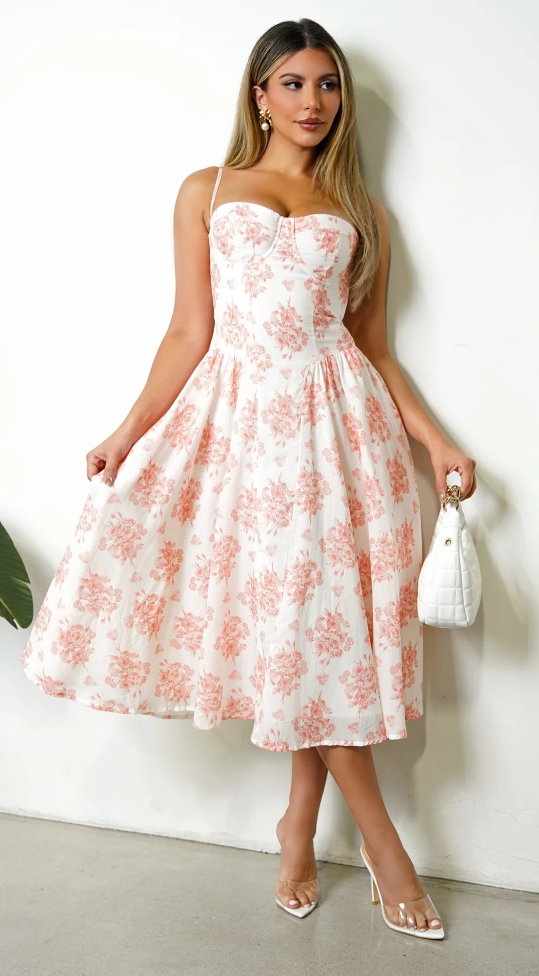 Knox Floral Flare Midi Dress White Orange