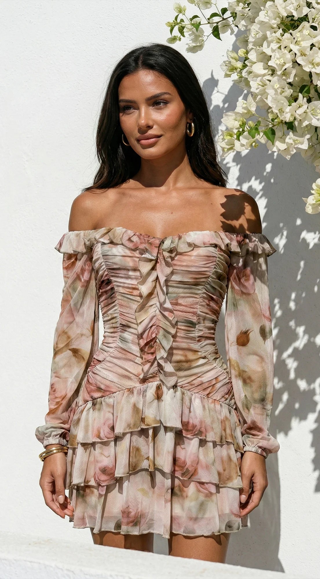 Sorrento Garden Floral Off Shoulder Ruffle Mini Dress Beige Multi