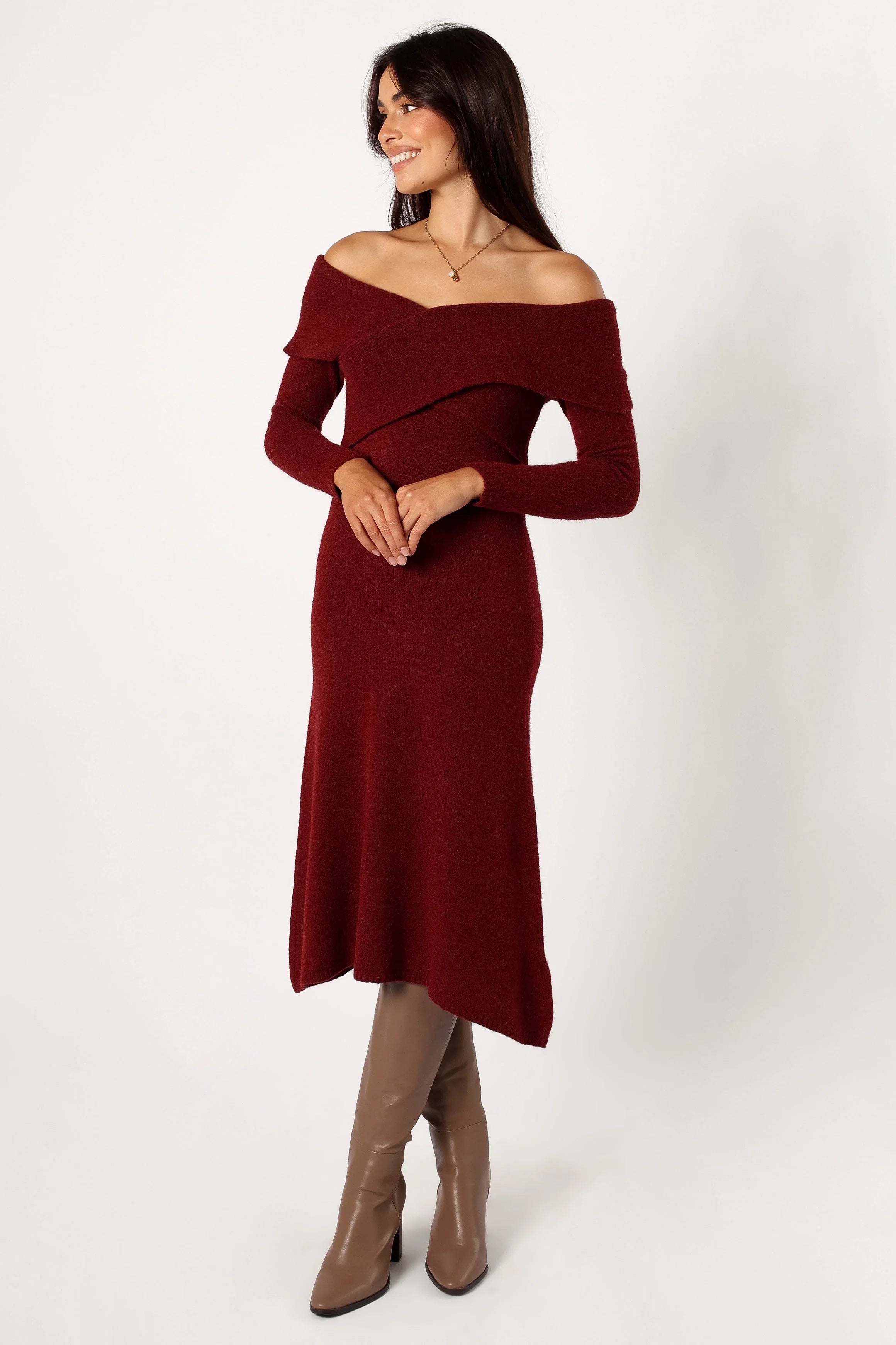 Deena Off Shoulder Midi Dress Red