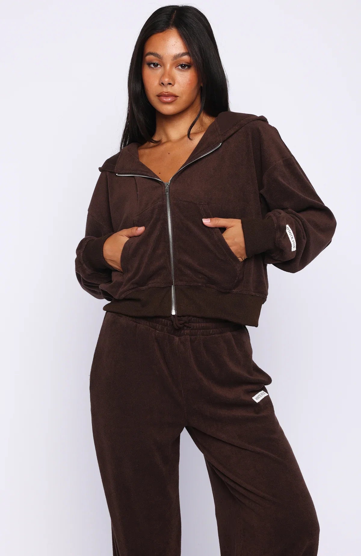 Causing Commotion Terry Boxy Zip Front Hoodie Chocolate