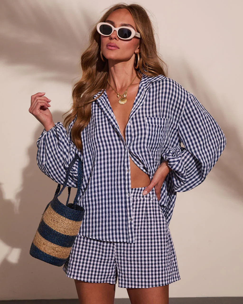 Sun Weathered Gingham Print Button Down Top