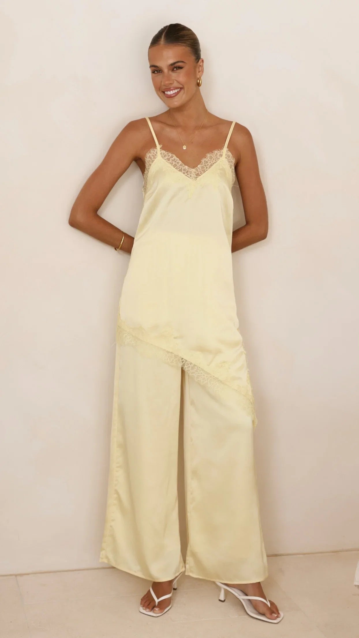 Hayleigh Asymmetrical Top and Pants Set Yellow Lace