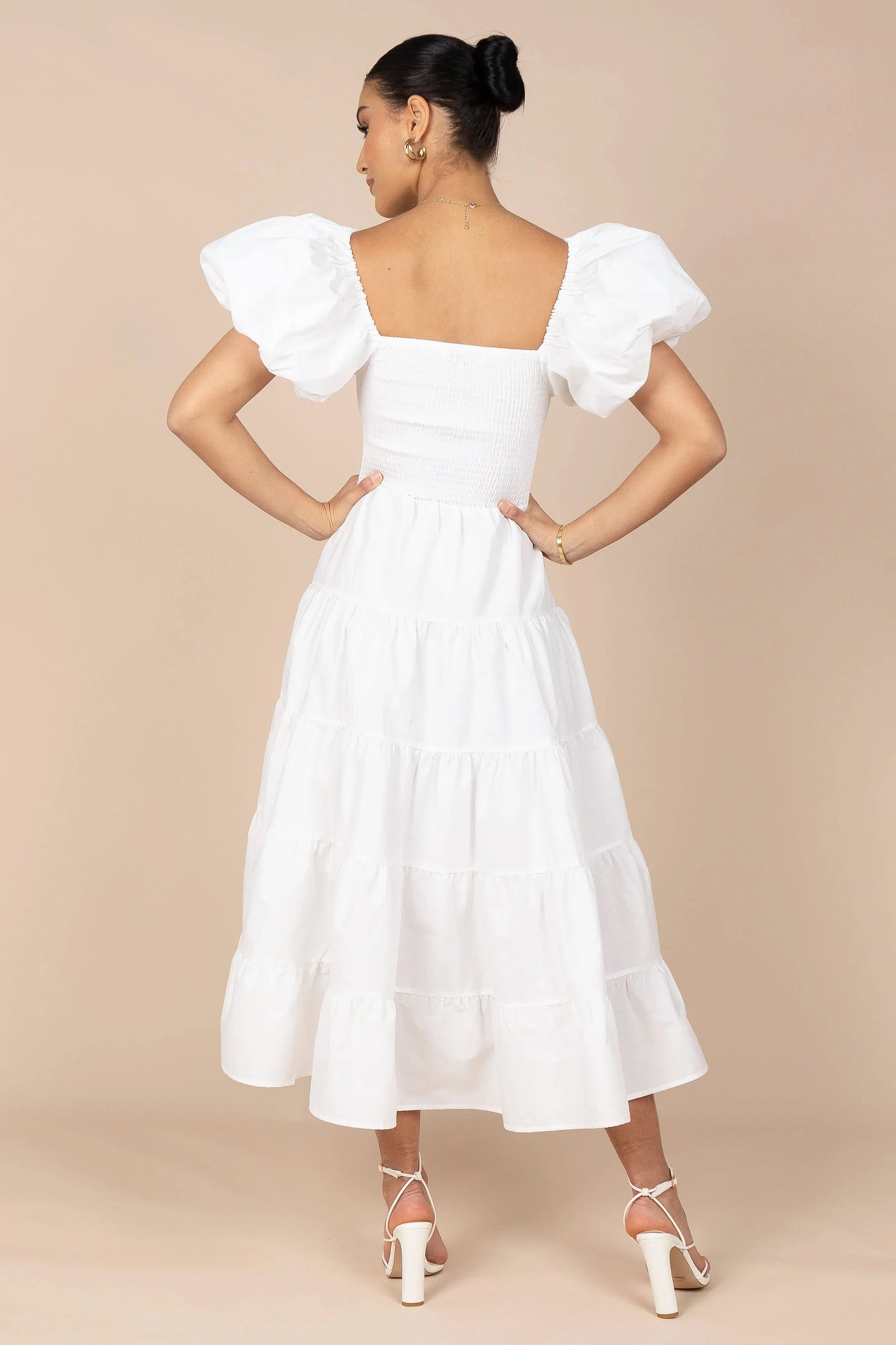 Annette Puff Sleeve Shirred Midi Dress White