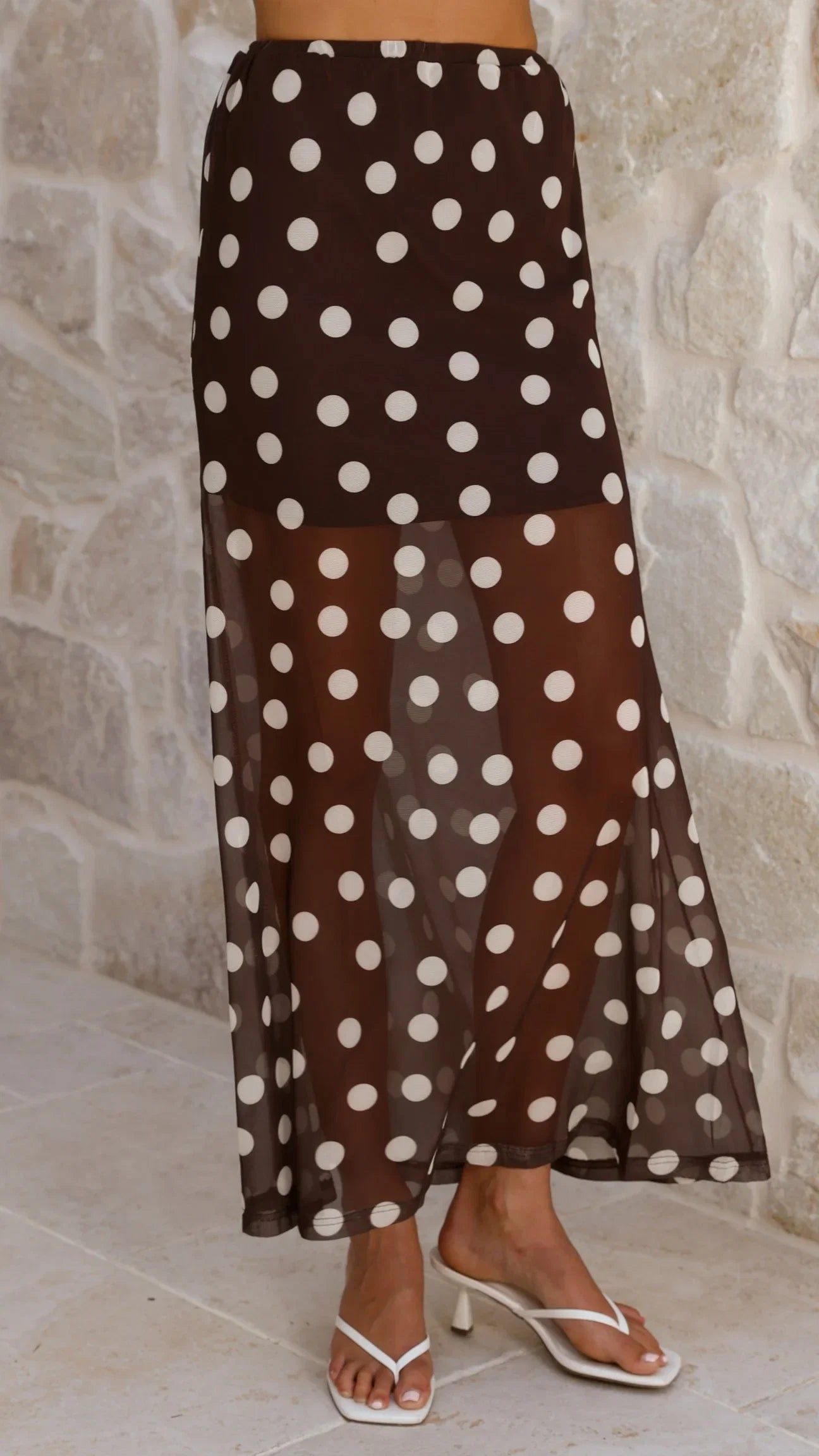 Onella Semi Sheer Maxi Skirt Chocolate White Polka Dot