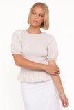 Callista Shirred Waist Top Beige Gingham