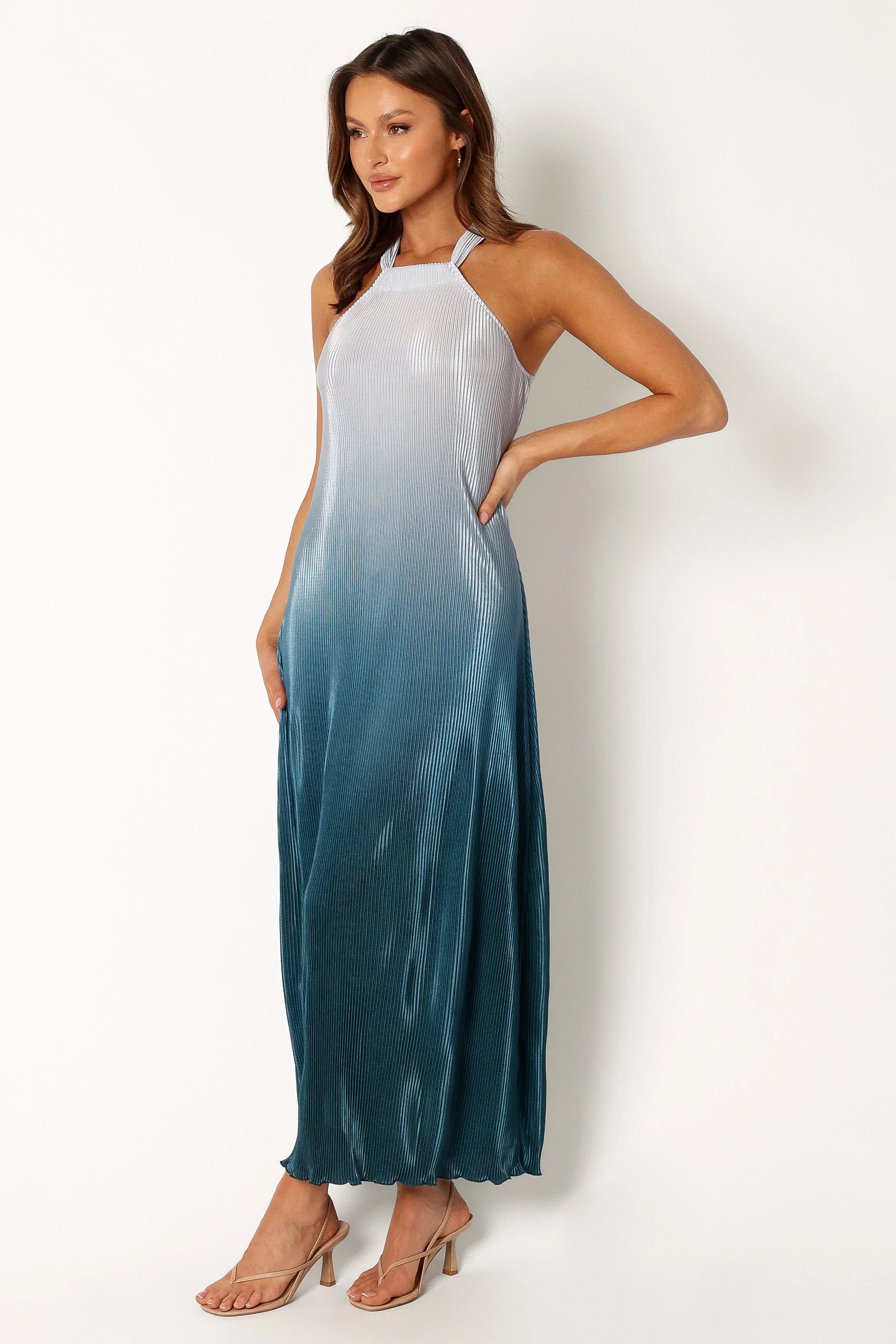 Melody Plisse Halter Maxi Dress Navy Gradient