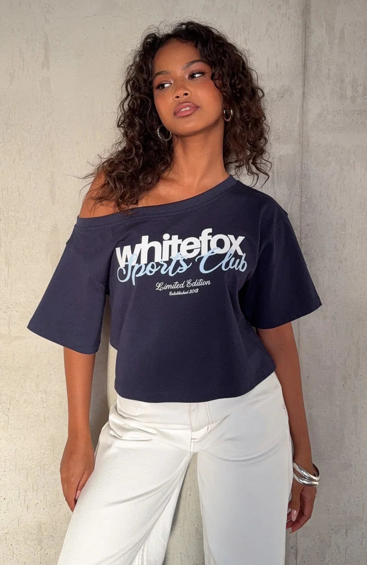 Ive Got That Feeling Boxy Off Shoulder Tee Navy
