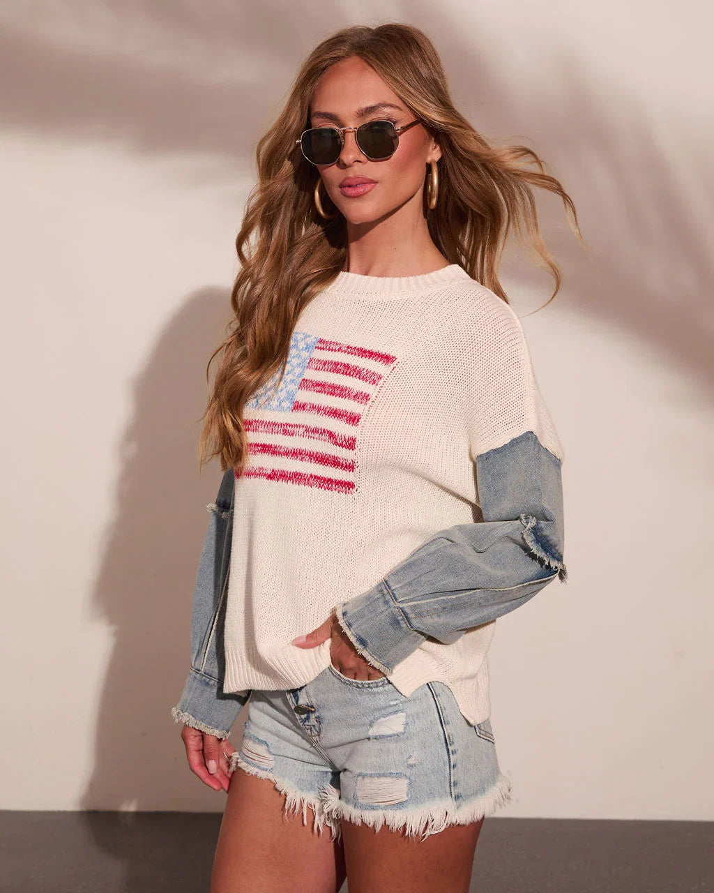 Freedom Sweet American Flag Print Denim Sleeve Sweater