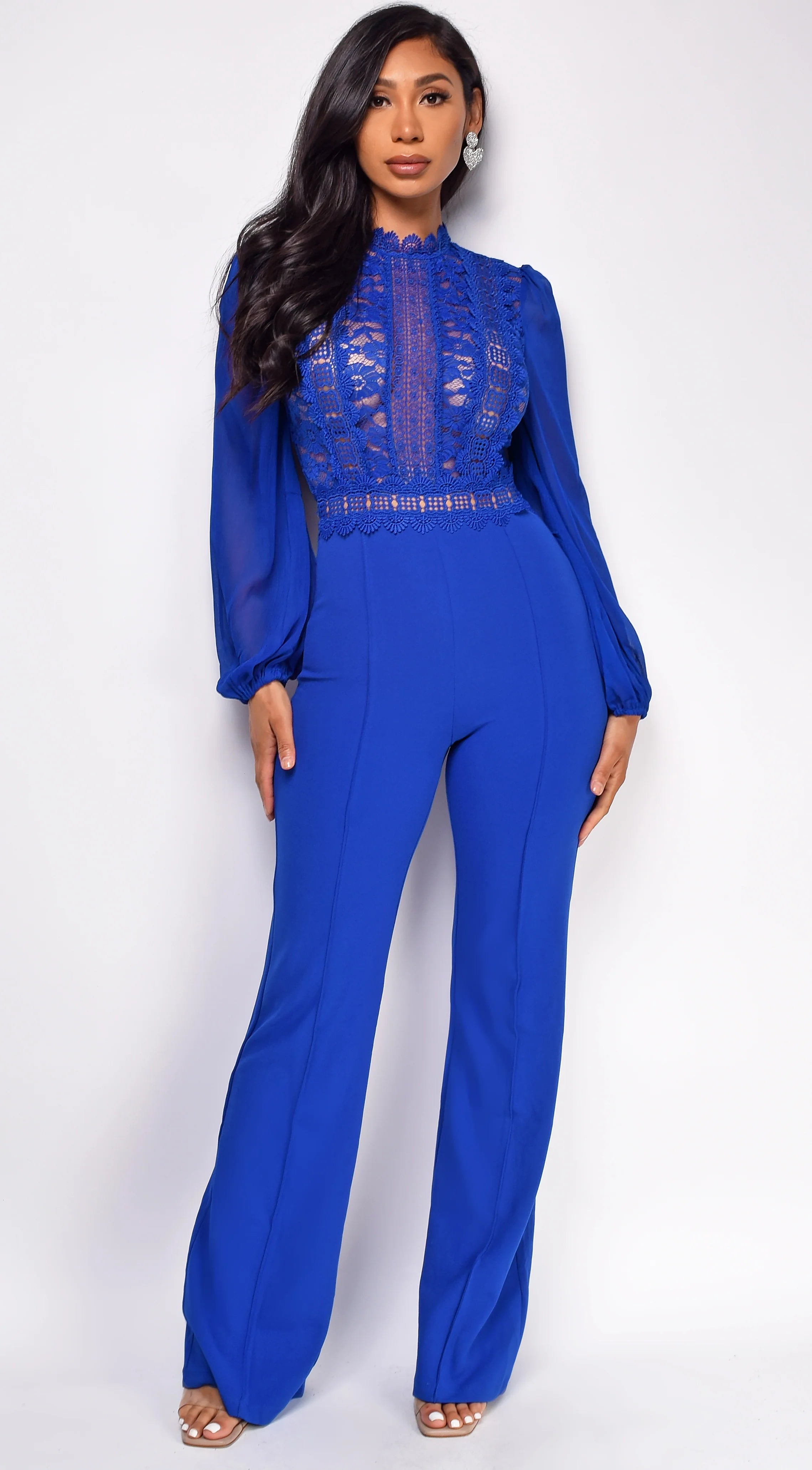 Nerine Crochet Lace Mesh Jumpsuit Royal Blue