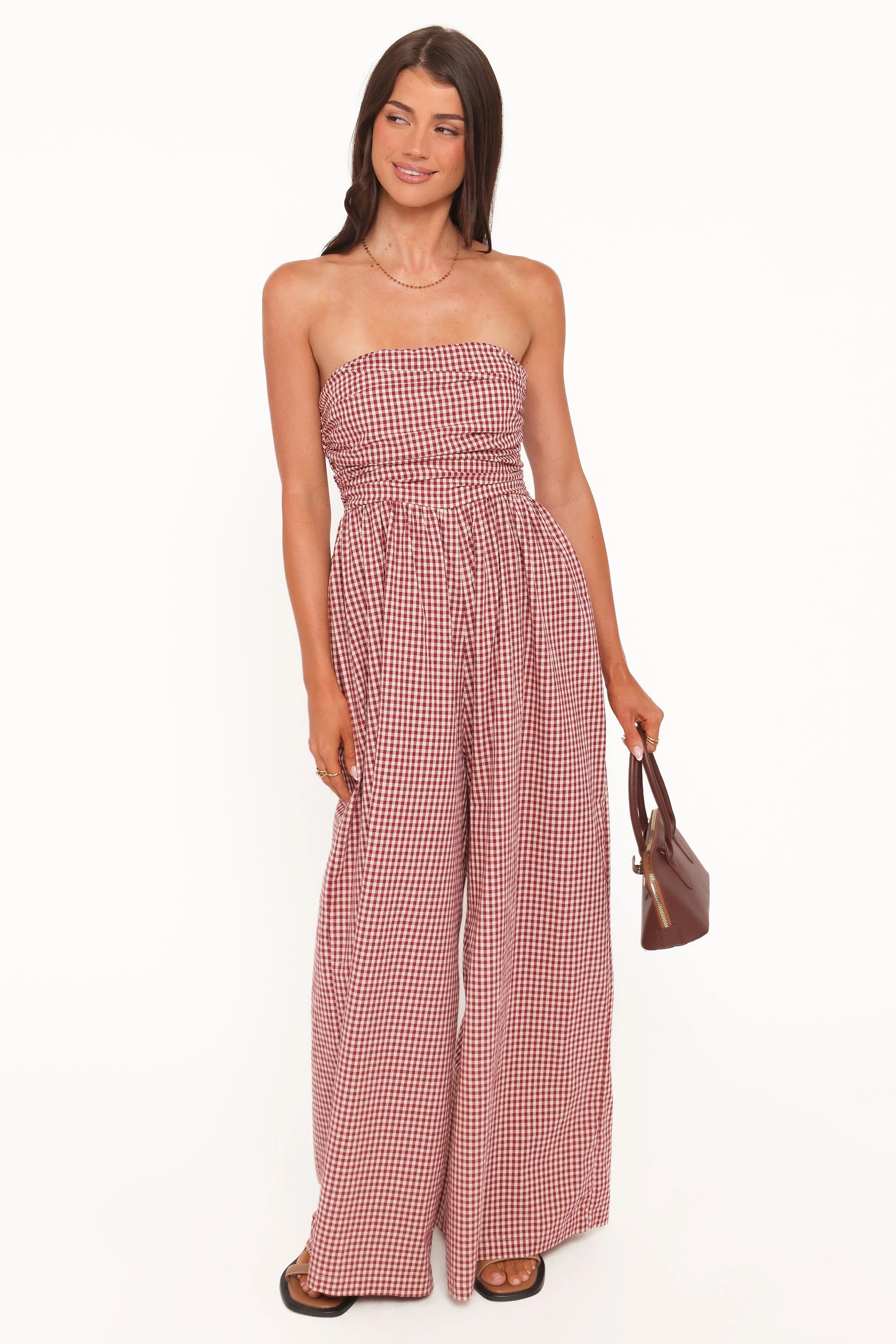 Paige Strapless Jumpsuit Red Gingham