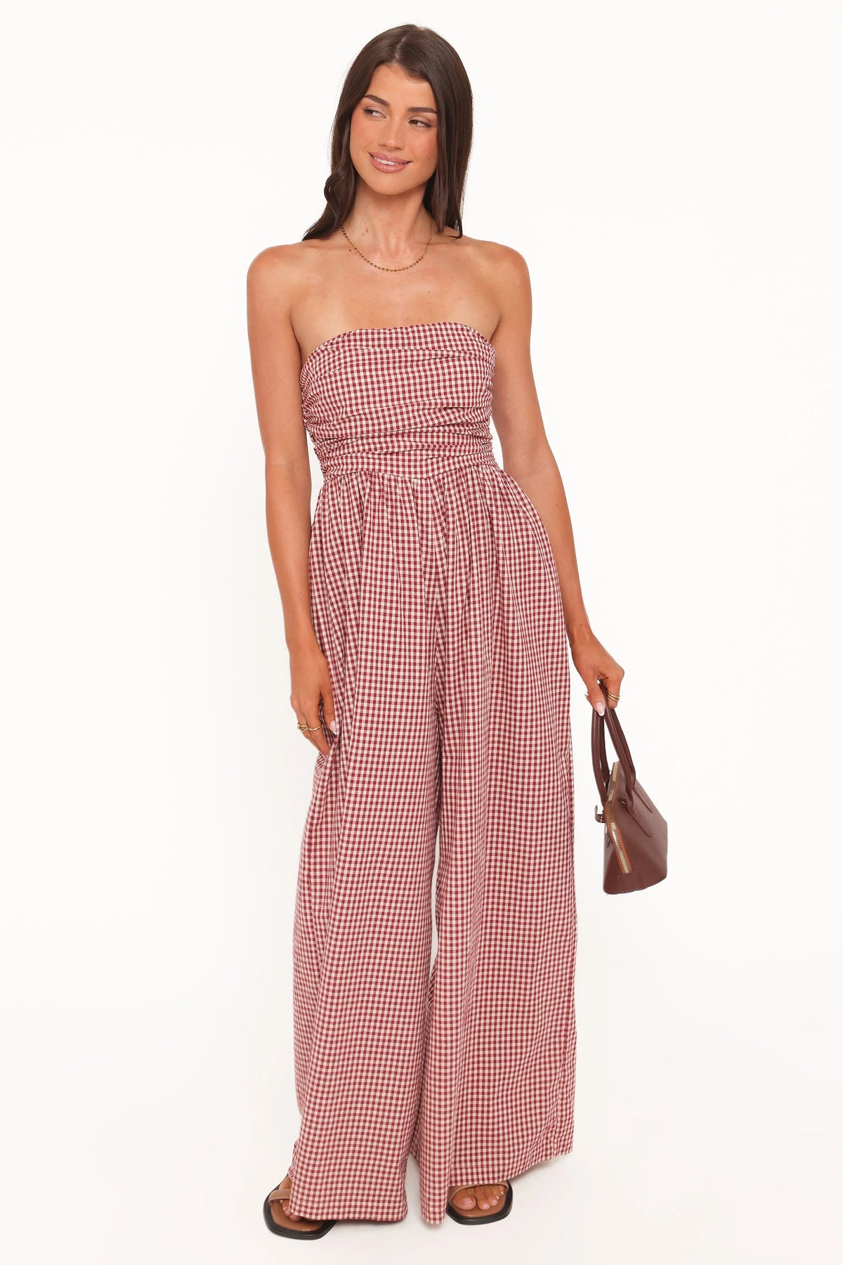 Paige Strapless Jumpsuit Red Gingham