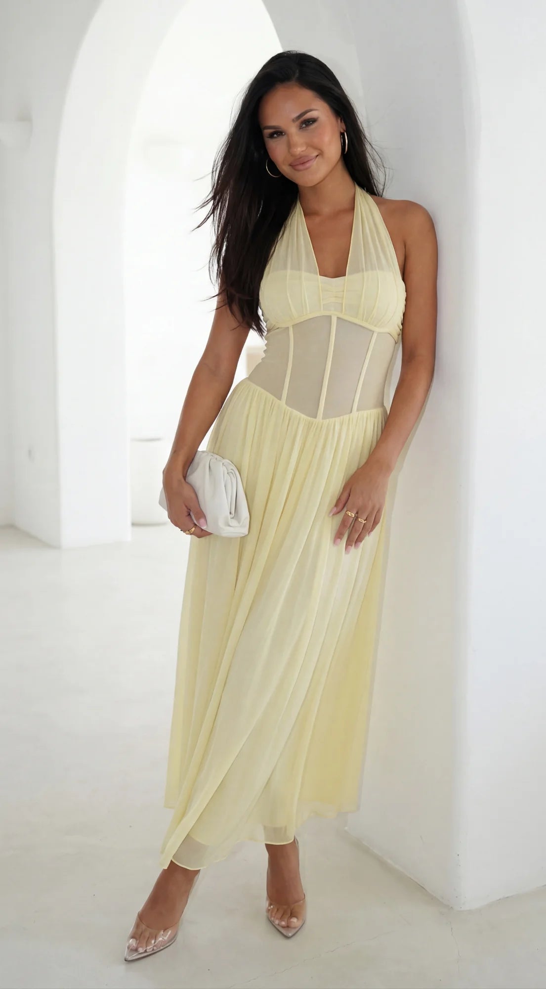 Aurevyn Halter Mesh Maxi Dress Butter Yellow